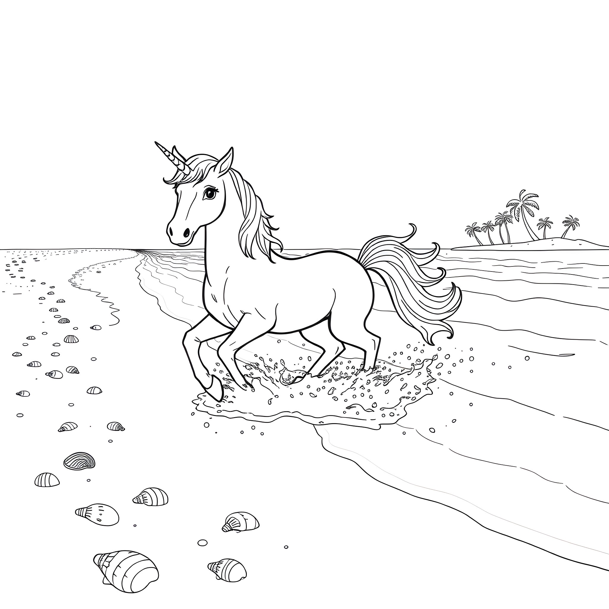 Unicorn galloping along the beach Coloring Page (free black-and-white line drawing printable PDF for all, from beginners to advanced learners, including children, teens, adults, and seniors)