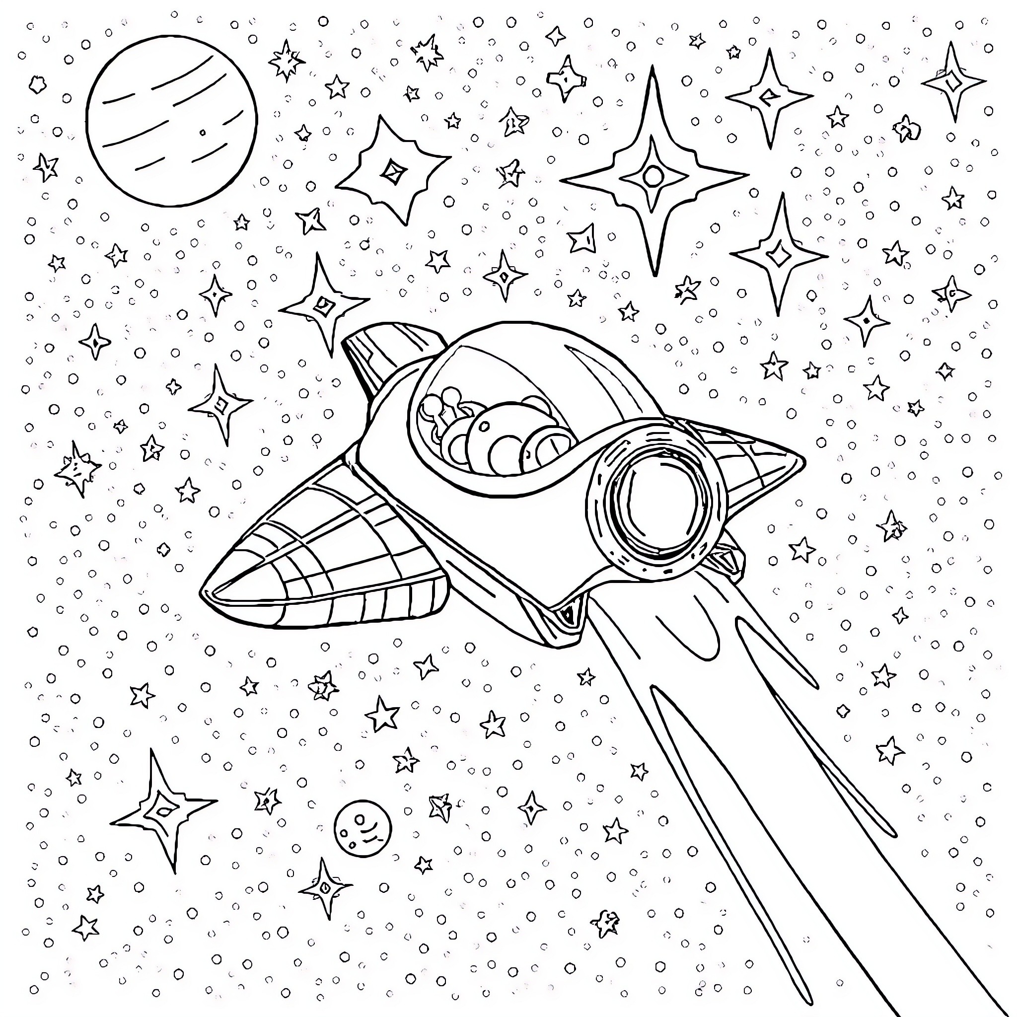 Space Travel Through the Cosmos Coloring Page (free black-and-white line drawing printable PDF for all, from beginners to advanced learners, including children, teens, adults, and seniors)