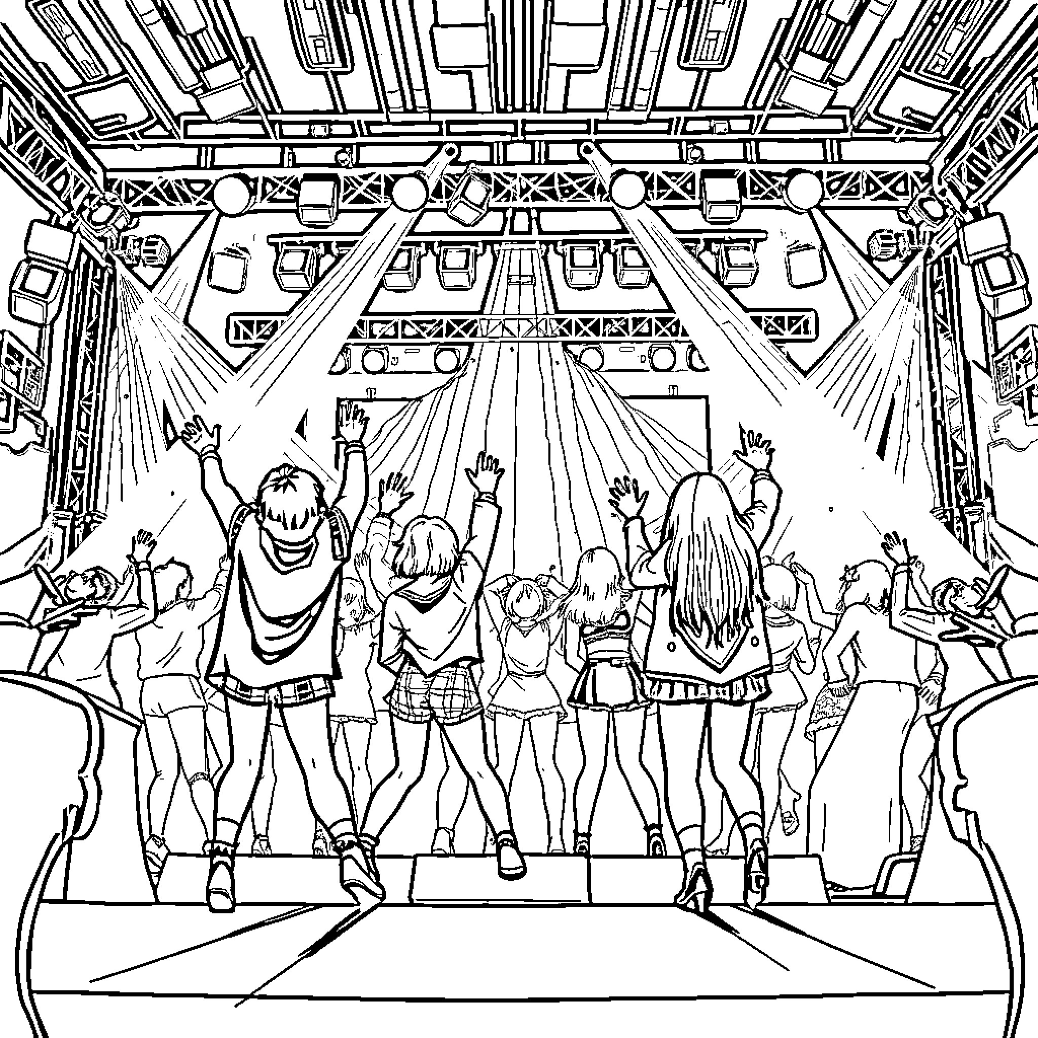 Kpop group performing on a vibrant stage Coloring Page (free black-and-white line drawing printable PDF for all, from beginners to advanced learners, including children, teens, adults, and seniors)