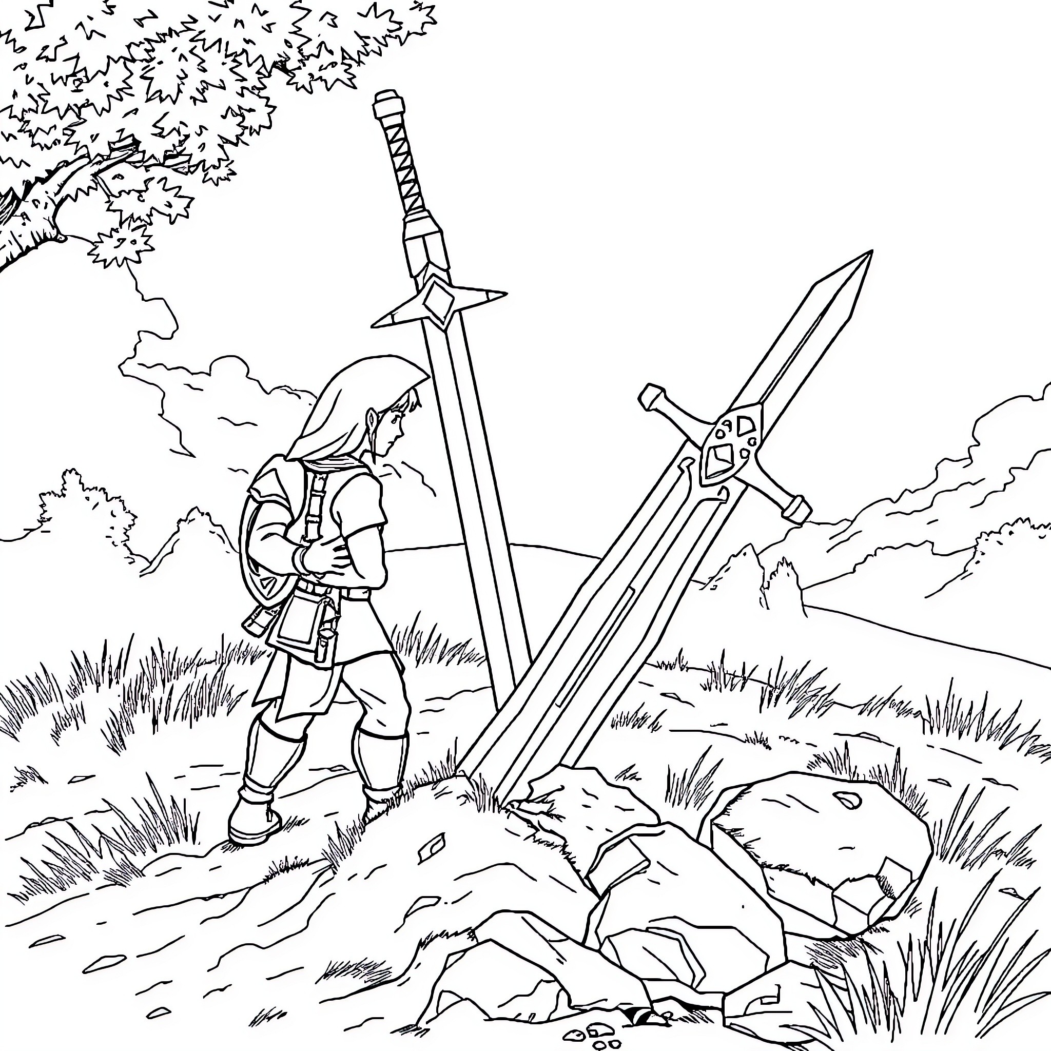 Link's Adventure with Swords and Nature Coloring Page (free black-and-white line drawing printable PDF for all, from beginners to advanced learners, including children, teens, adults, and seniors)
