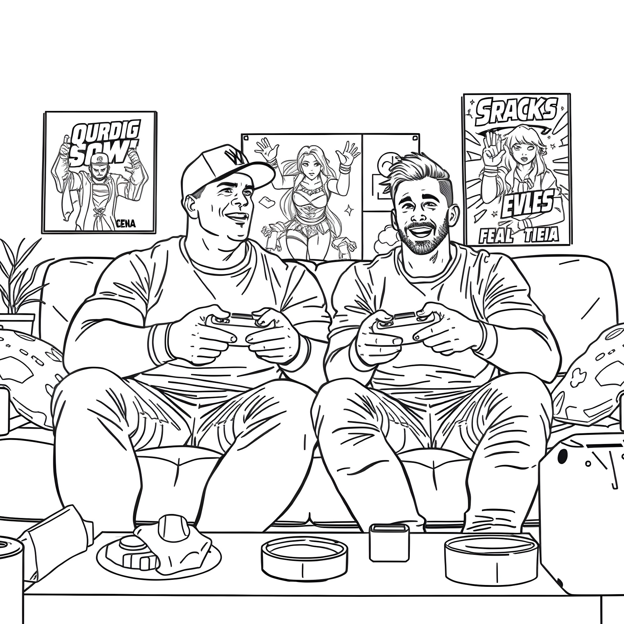 John Cena and friend gaming together on the couch Coloring Page (free black-and-white line drawing printable PDF for all, from beginners to advanced learners, including children, teens, adults, and seniors)
