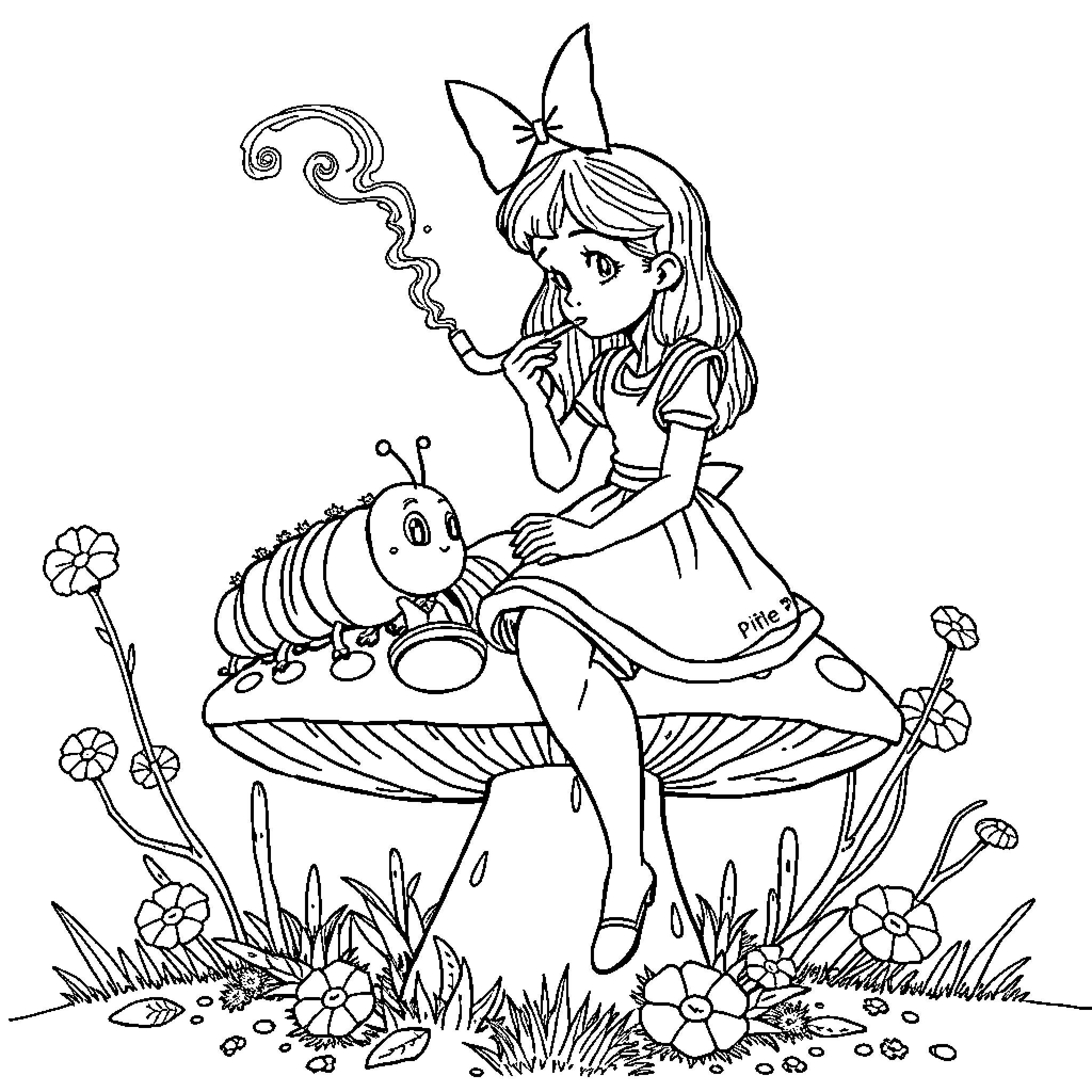 Alice and the Curious Caterpillar in a Whimsical Scene Coloring Page (free black-and-white line drawing printable PDF for all, from beginners to advanced learners, including children, teens, adults, and seniors)