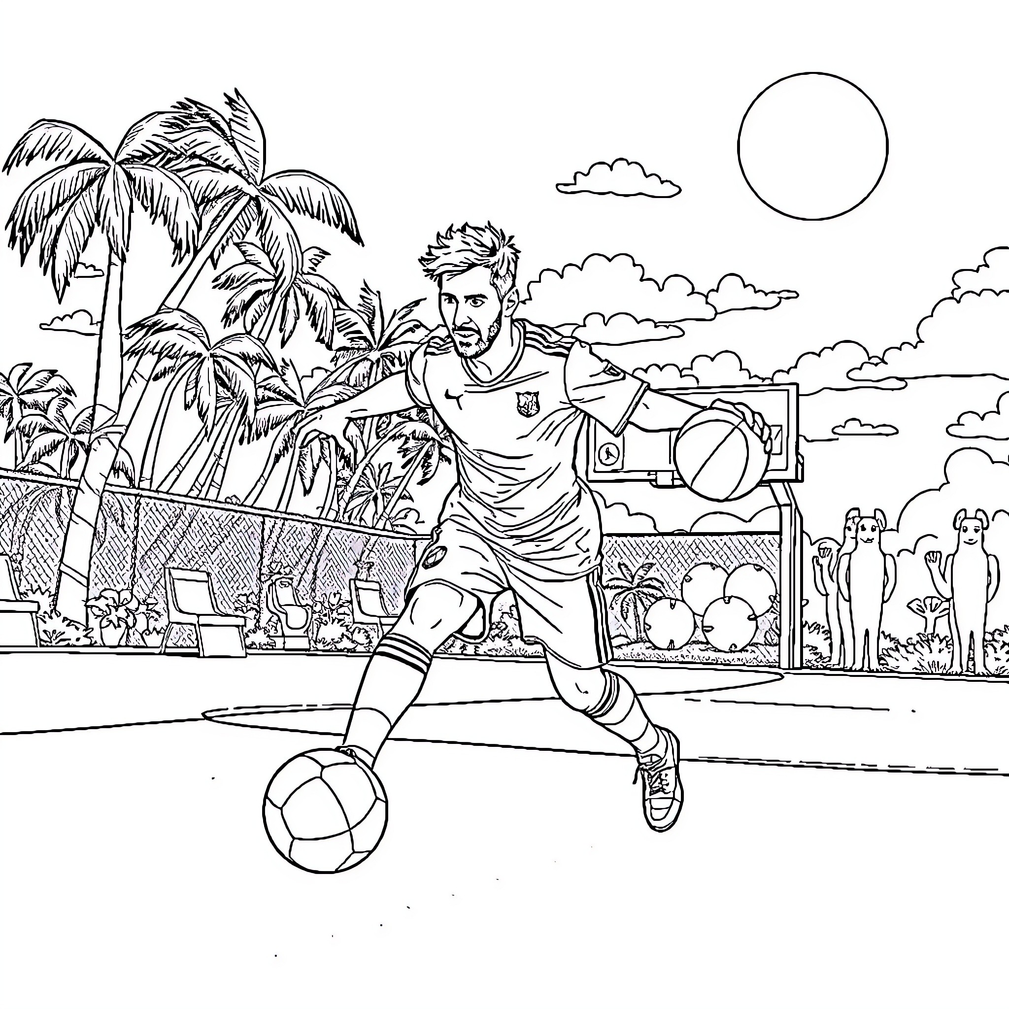 Messi playing soccer in a tropical setting Coloring Page (free black-and-white line drawing printable PDF for all, from beginners to advanced learners, including children, teens, adults, and seniors)