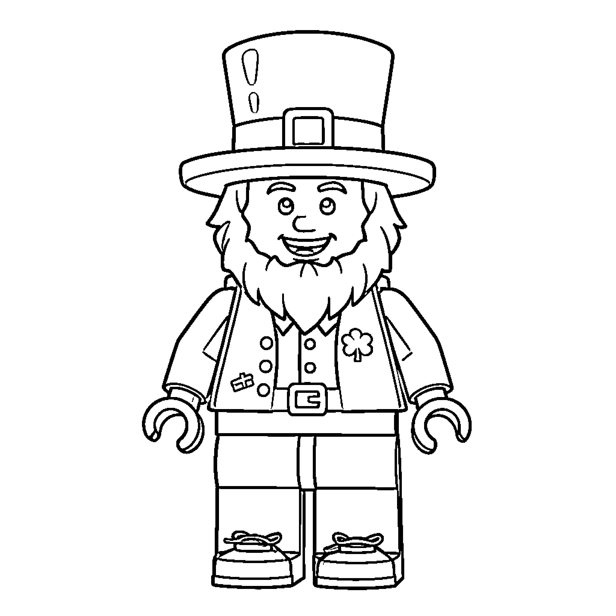 Lego Leprechaun smiling and wearing a green hat Coloring Page (free black-and-white line drawing printable PDF for all, from beginners to advanced learners, including children, teens, adults, and seniors)