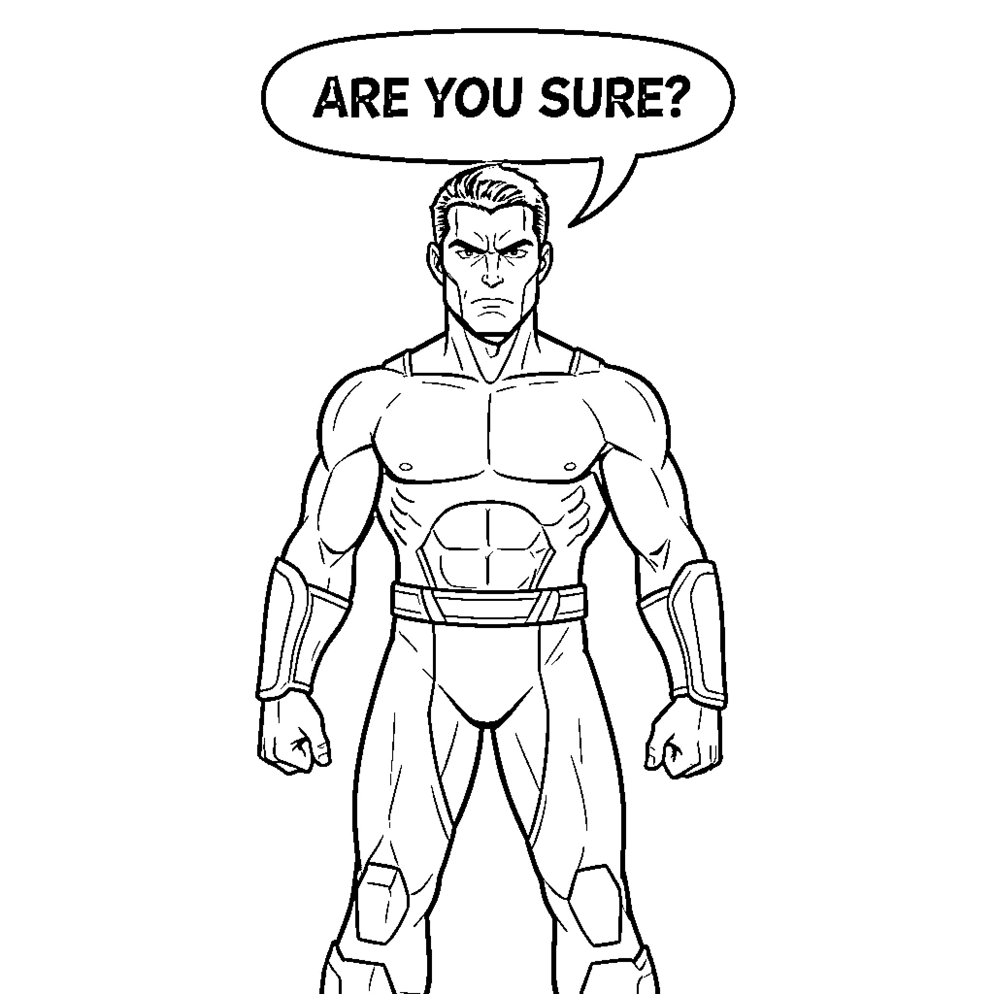 Omni Man looking serious with a questioning speech bubble Coloring Page (free black-and-white line drawing printable PDF for all, from beginners to advanced learners, including children, teens, adults, and seniors)