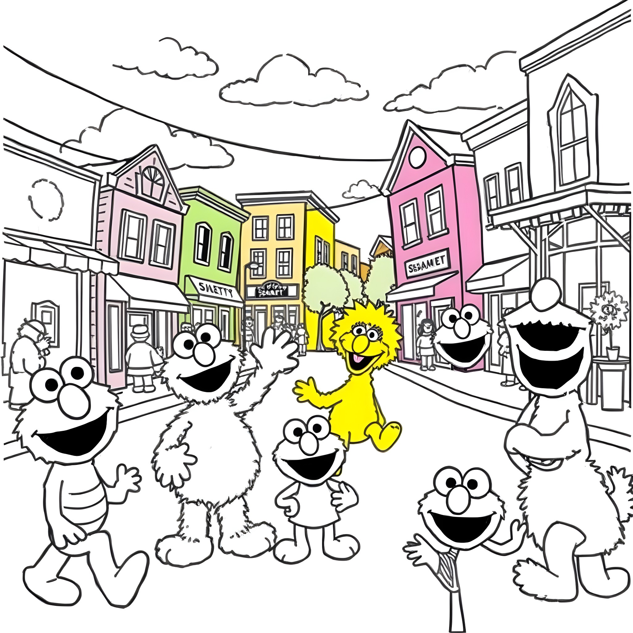 Sesame Street characters playing and exploring the colorful town Coloring Page (free black-and-white line drawing printable PDF for all, from beginners to advanced learners, including children, teens, adults, and seniors)
