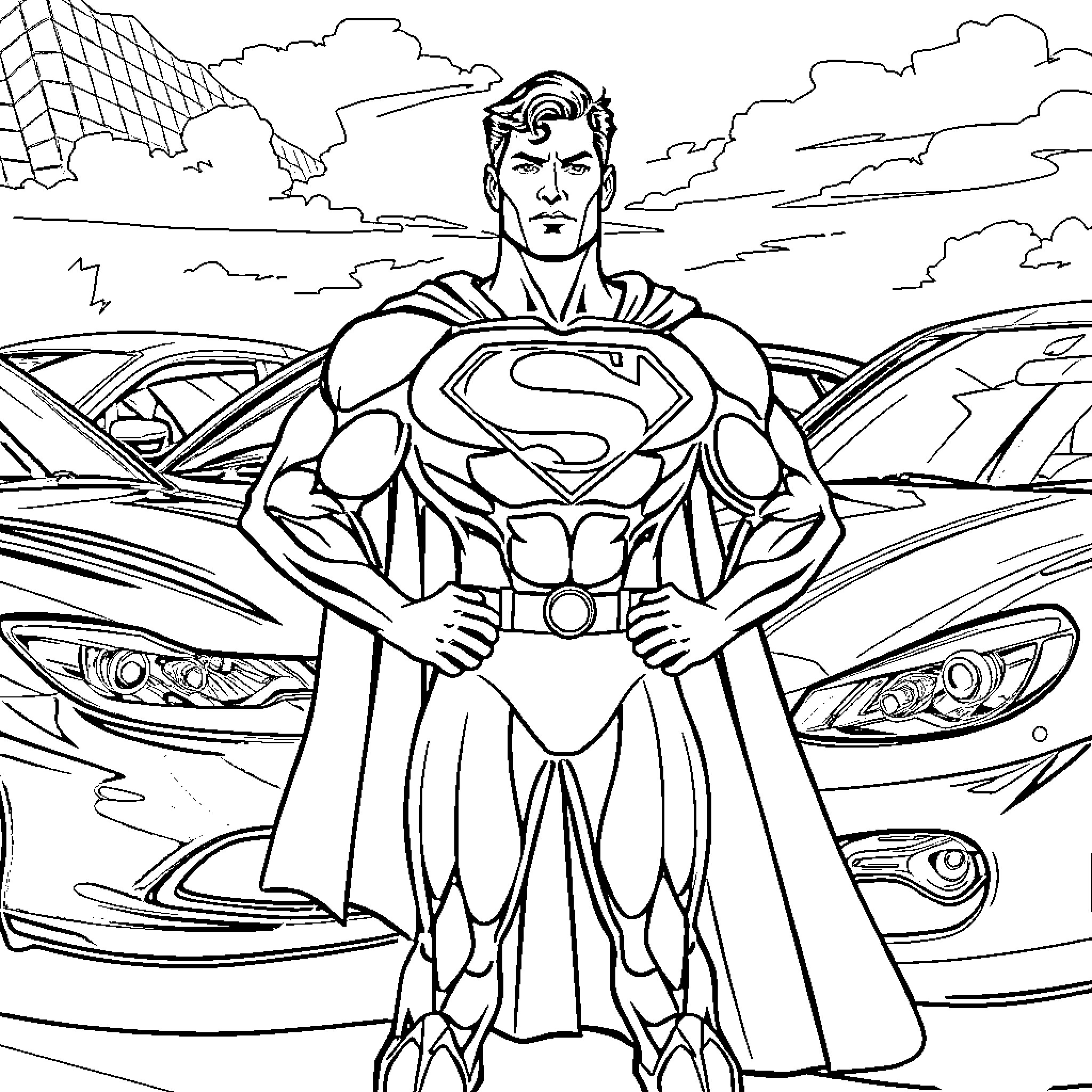 Superman standing heroically in the city Coloring Page (free black-and-white line drawing printable PDF for all, from beginners to advanced learners, including children, teens, adults, and seniors)