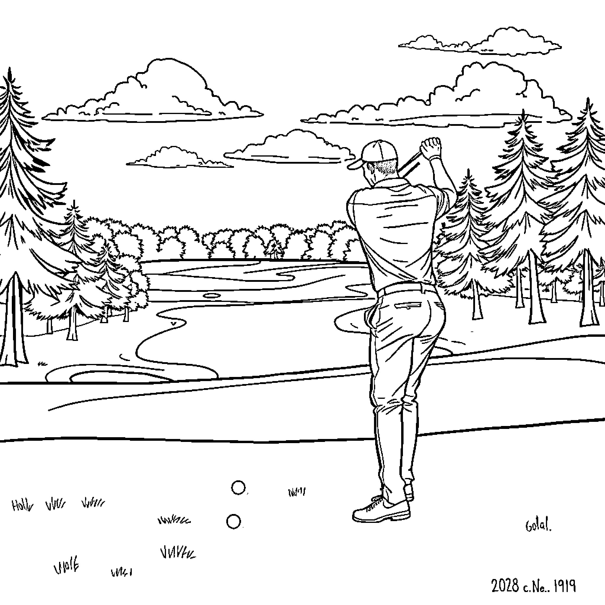 Tiger Hiking in the Scenic Outdoor Landscape Coloring Page (free black-and-white line drawing printable PDF for all, from beginners to advanced learners, including children, teens, adults, and seniors)