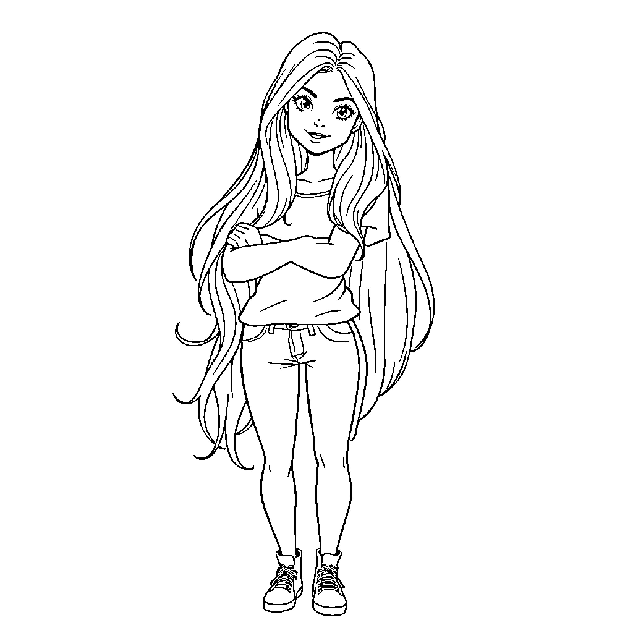 Girl with long flowing hair standing confidently Coloring Page (free black-and-white line drawing printable PDF for all, from beginners to advanced learners, including children, teens, adults, and seniors)