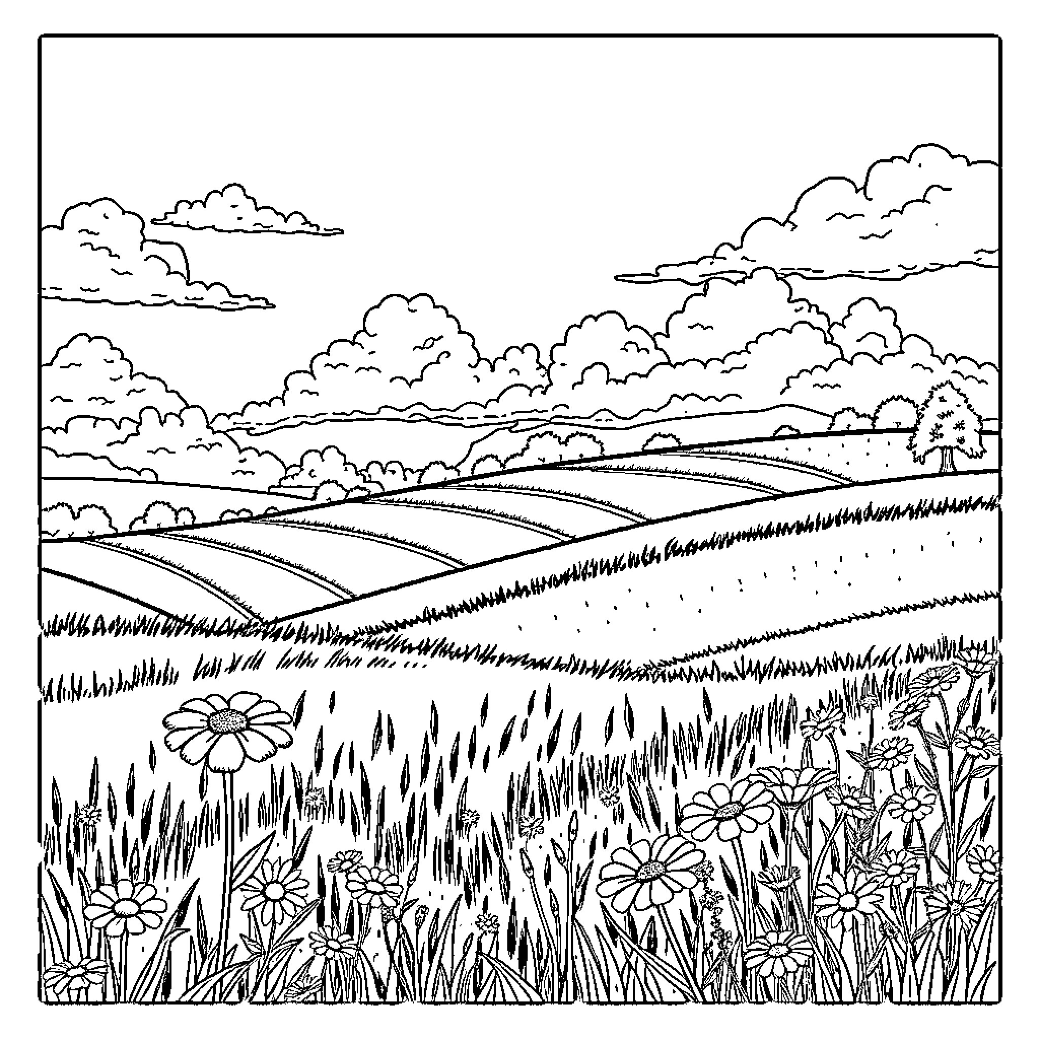 Countryside landscape with rolling hills and flowers Coloring Page (free black-and-white line drawing printable PDF for all, from beginners to advanced learners, including children, teens, adults, and seniors)
