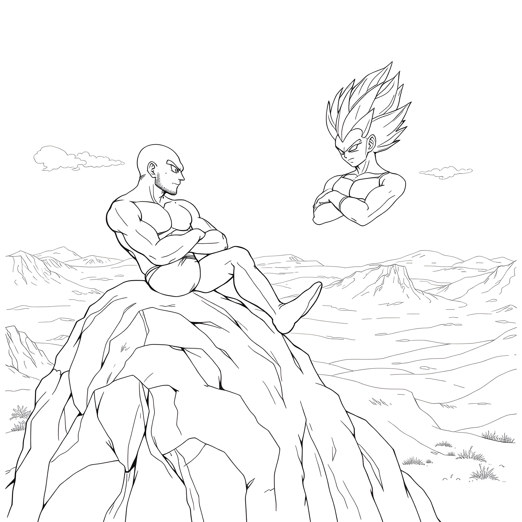 Griffith warriors in a rugged desert landscape Coloring Page (free black-and-white line drawing printable PDF for all, from beginners to advanced learners, including children, teens, adults, and seniors)