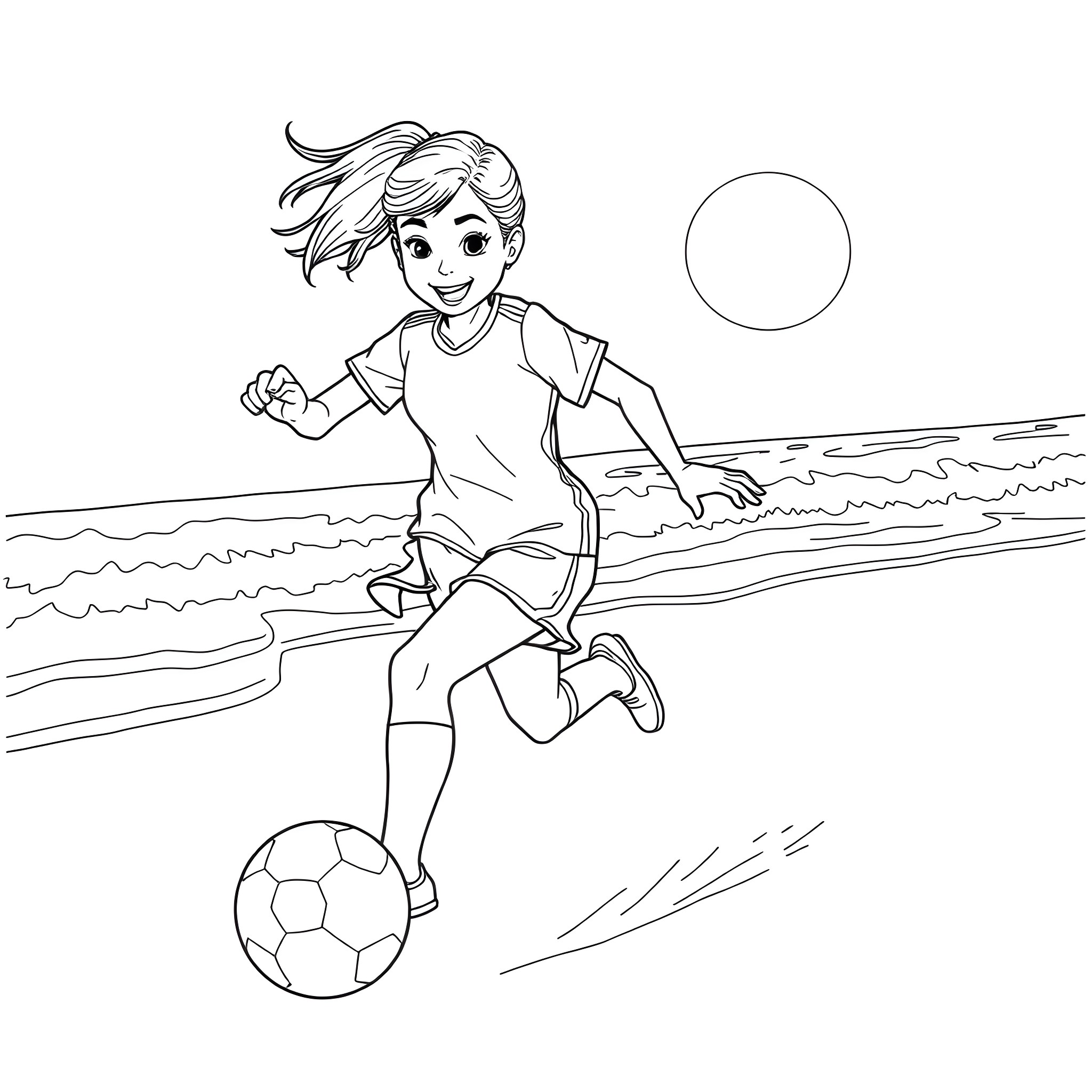 Soccer Player Running and Dribbling the Ball Coloring Page (free black-and-white line drawing printable PDF for all, from beginners to advanced learners, including children, teens, adults, and seniors)