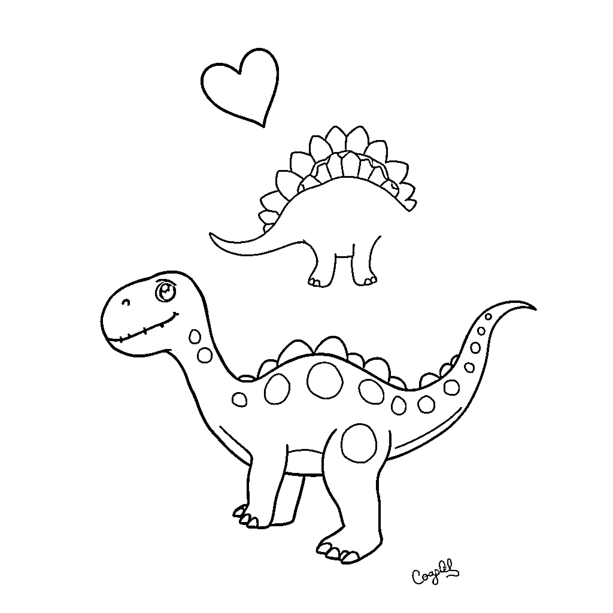 Dinosaur playing joyfully with heart Coloring Page (free black-and-white line drawing printable PDF for all, from beginners to advanced learners, including children, teens, adults, and seniors)