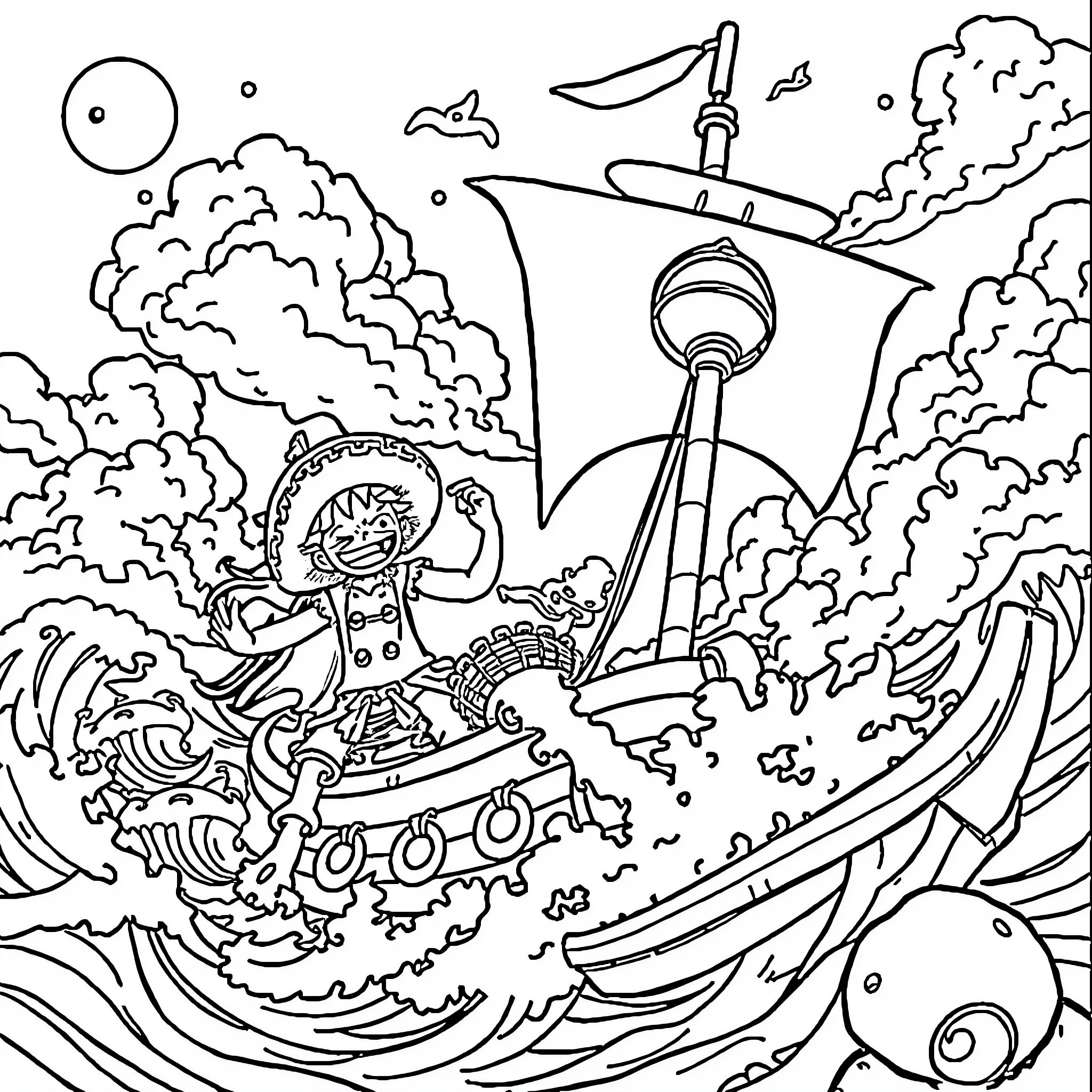 Anime Character Navigating Fantastical Seascape Coloring Page (free black-and-white line drawing printable PDF for all, from beginners to advanced learners, including children, teens, adults, and seniors)