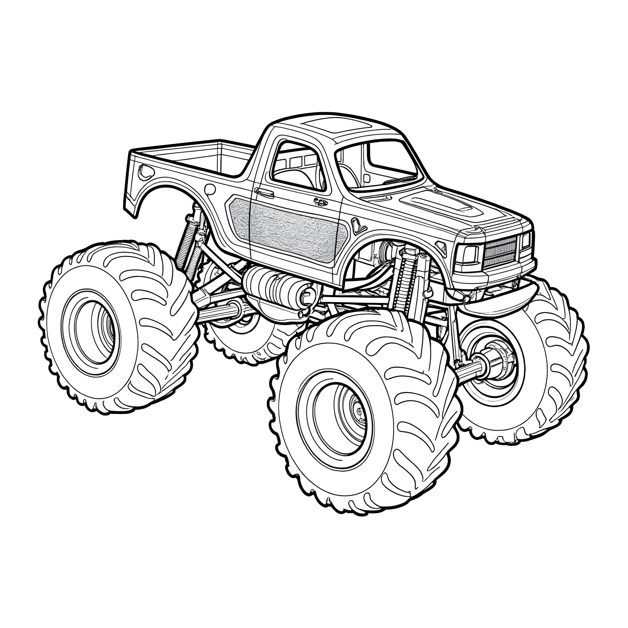 Monstertruck performing a wheelie on a dirt track Coloring Page (free black-and-white line drawing printable PDF for all, from beginners to advanced learners, including children, teens, adults, and seniors)