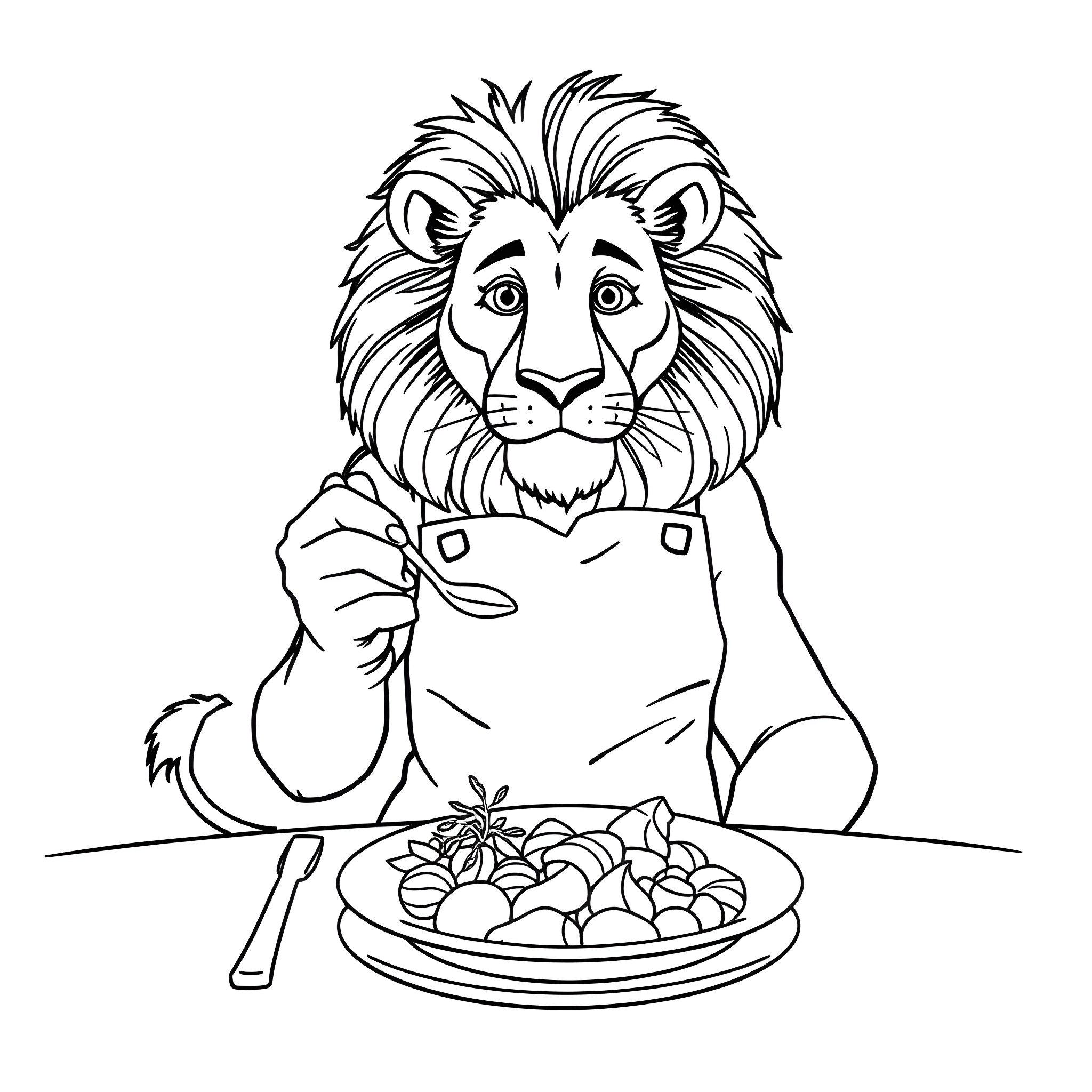 Lion enjoying a delicious meal Coloring Page (free black-and-white line drawing printable PDF for all, from beginners to advanced learners, including children, teens, adults, and seniors)