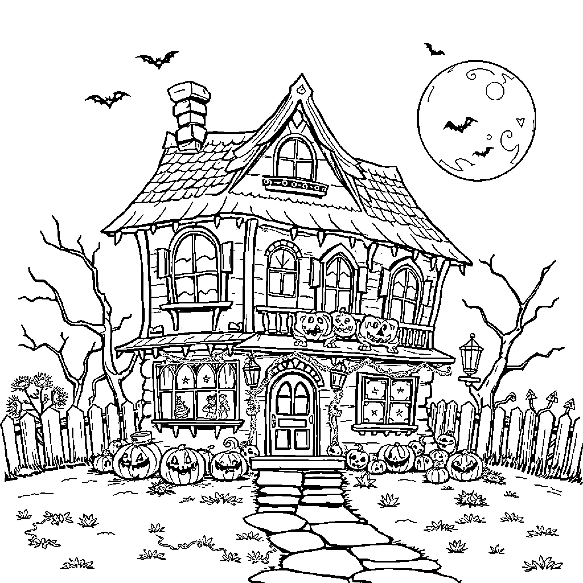 House with Haunting Decorations and Bat-filled Sky Coloring Page (free black-and-white line drawing printable PDF for all, from beginners to advanced learners, including children, teens, adults, and seniors)