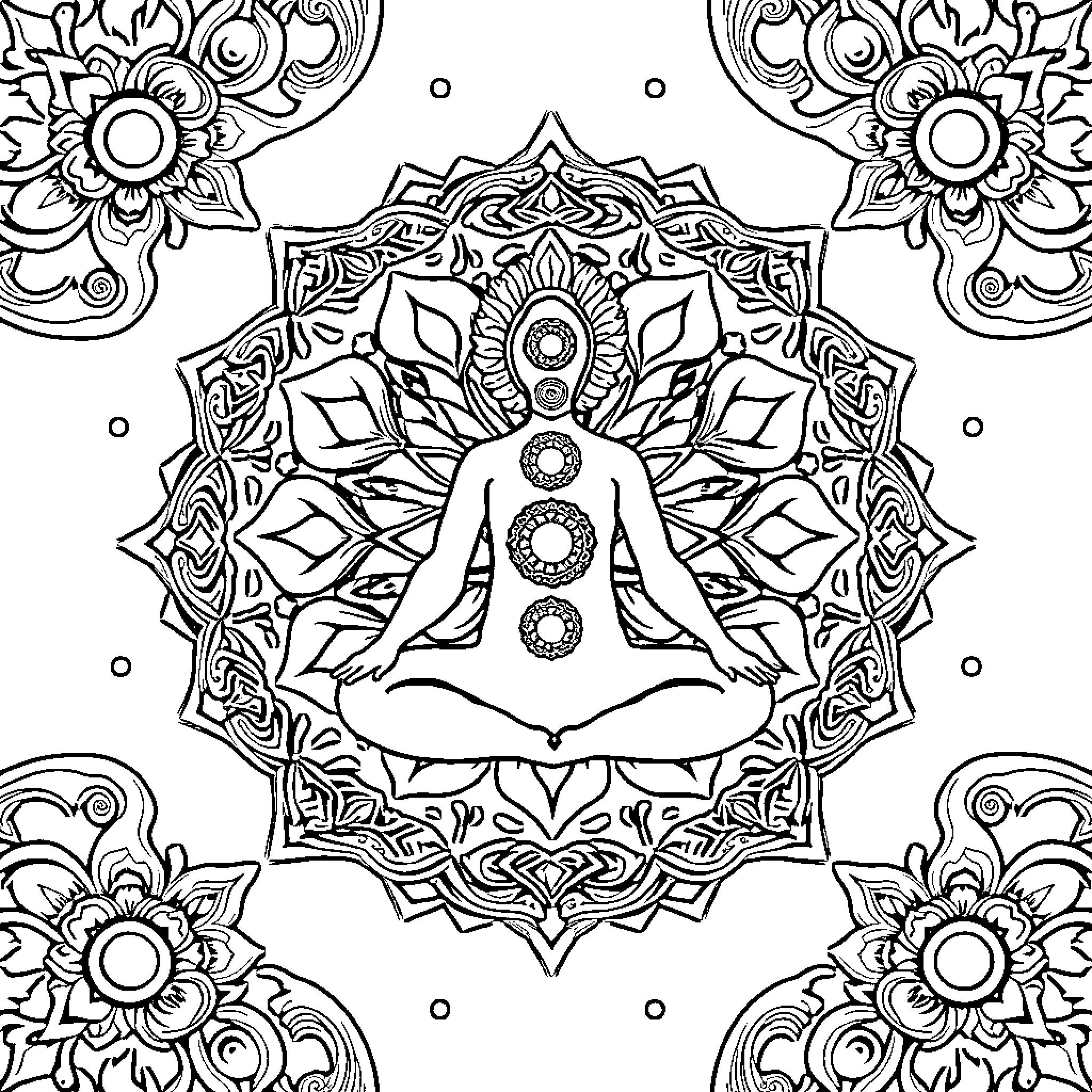 Chakra Meditation within Ornate Mandalas Coloring Page (free black-and-white line drawing printable PDF for all, from beginners to advanced learners, including children, teens, adults, and seniors)
