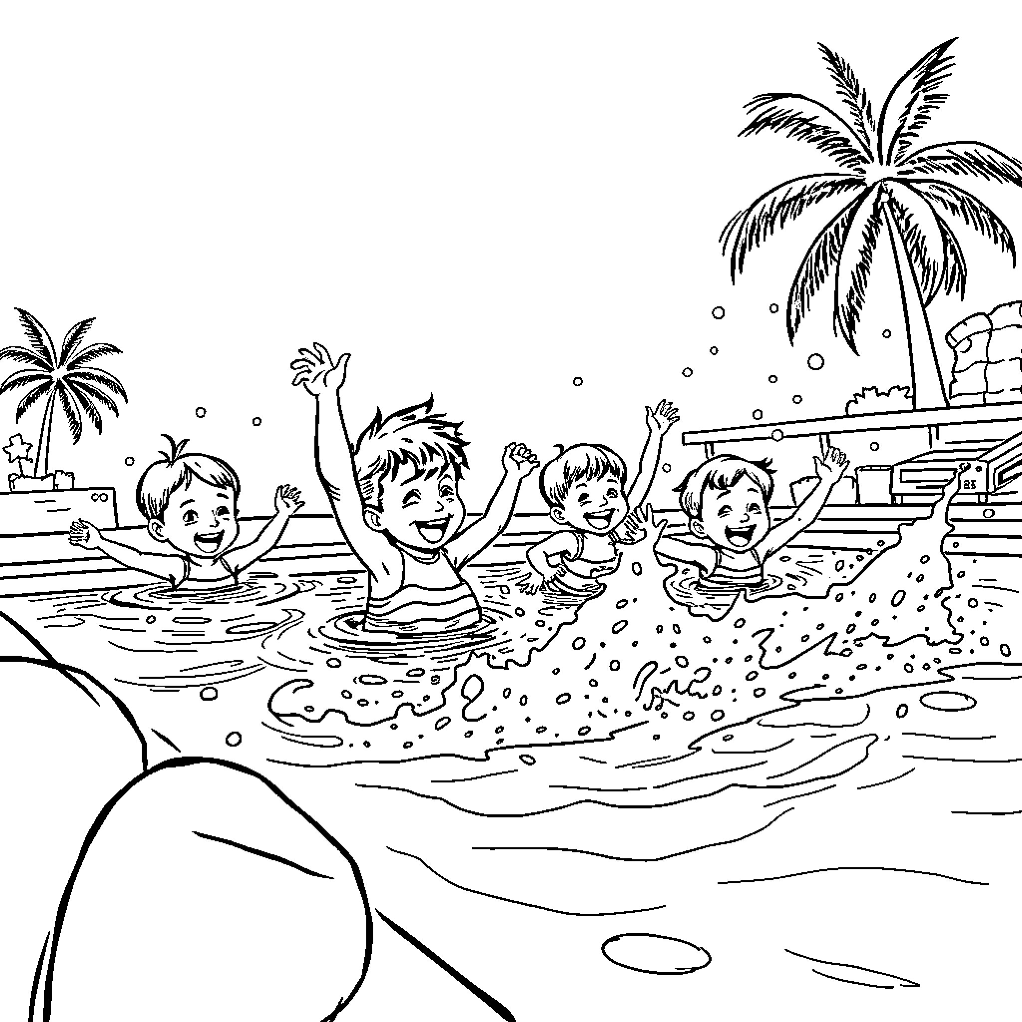 Children playing joyfully in tropical beach waters Coloring Page (free black-and-white line drawing printable PDF for all, from beginners to advanced learners, including children, teens, adults, and seniors)