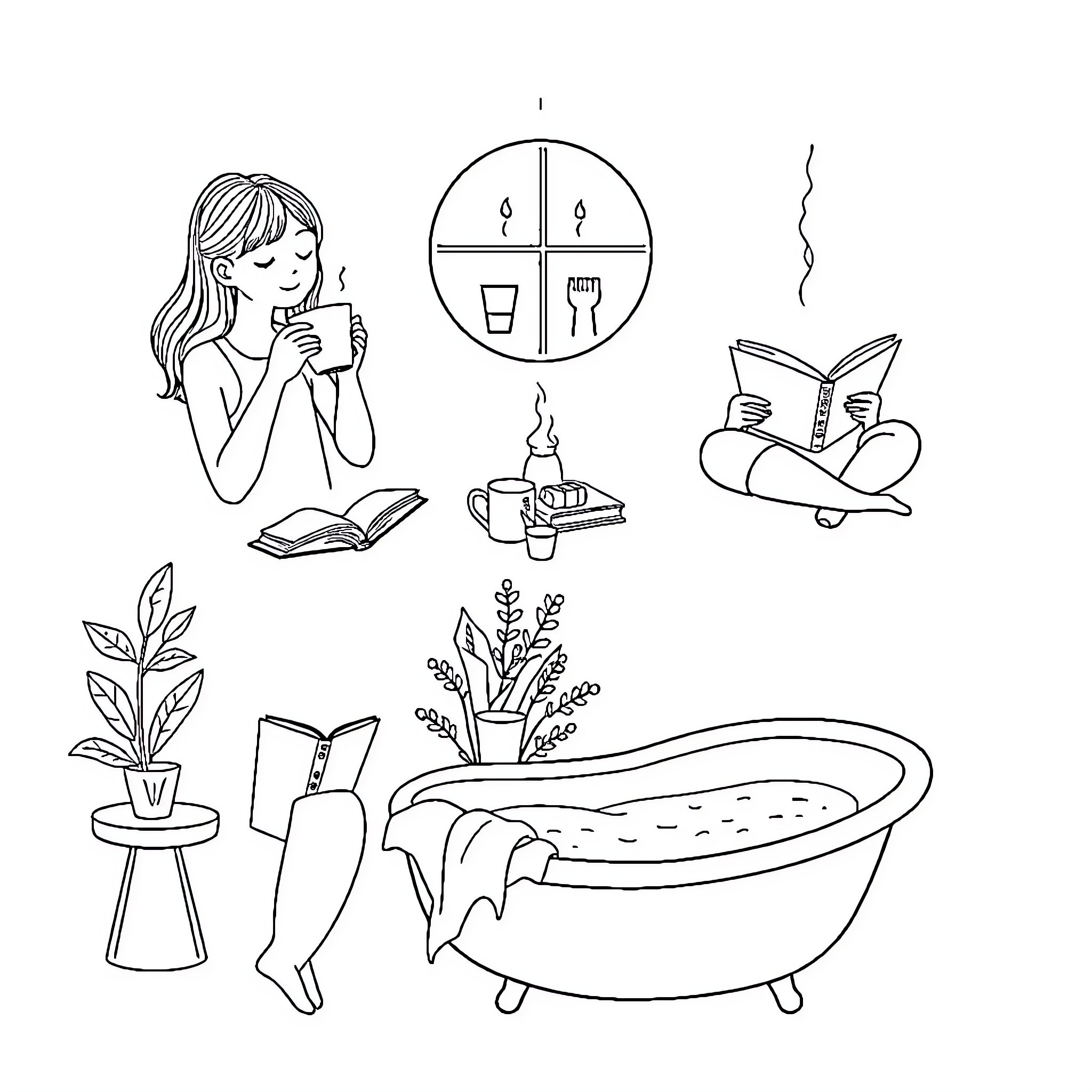 Self Care Activities for Relaxation Coloring Page (free black-and-white line drawing printable PDF for all, from beginners to advanced learners, including children, teens, adults, and seniors)