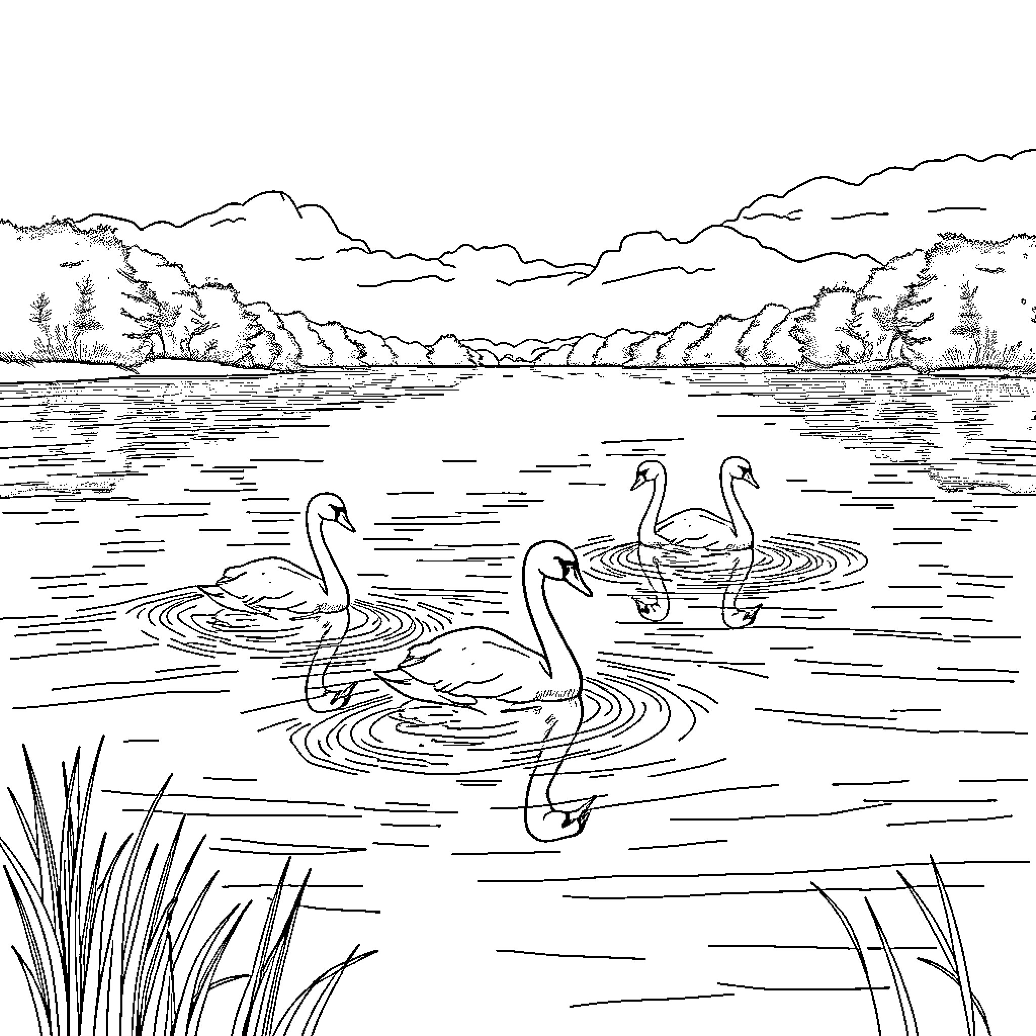 Swan Family Swimming in Tranquil Lake Coloring Page (free black-and-white line drawing printable PDF for all, from beginners to advanced learners, including children, teens, adults, and seniors)
