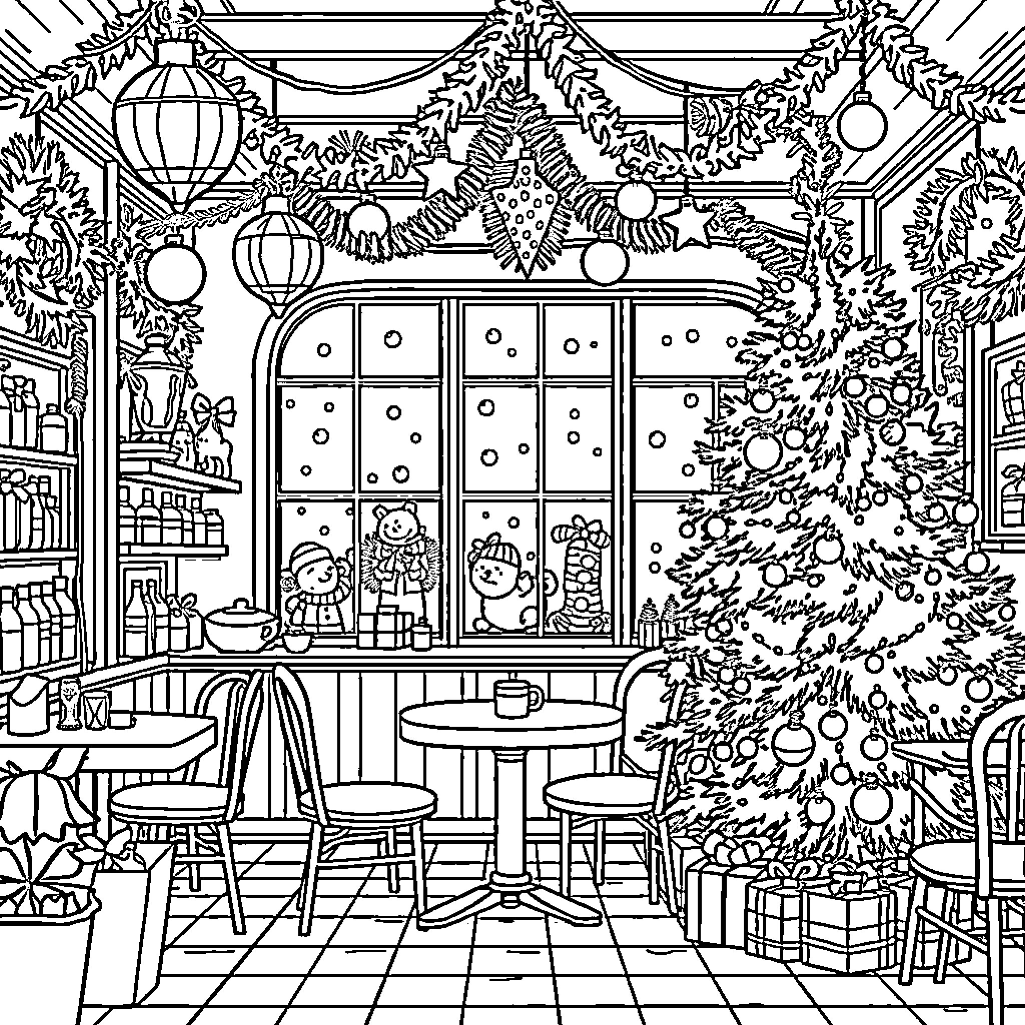 Cafe with festive holiday decor and cozy atmosphere Coloring Page (free black-and-white line drawing printable PDF for all, from beginners to advanced learners, including children, teens, adults, and seniors)