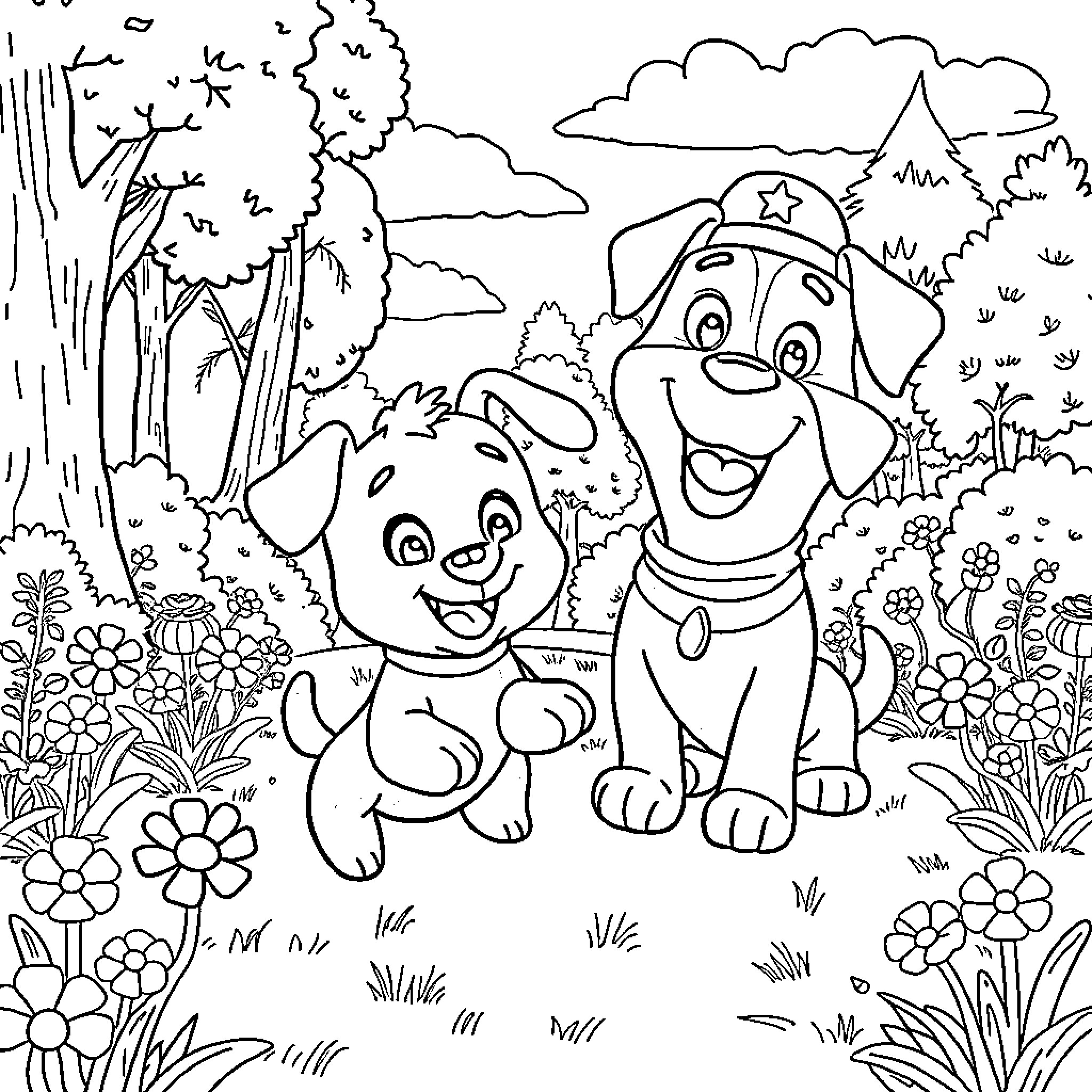 Bluey and Bingo playing in the enchanting forest Coloring Page (free black-and-white line drawing printable PDF for all, from beginners to advanced learners, including children, teens, adults, and seniors)