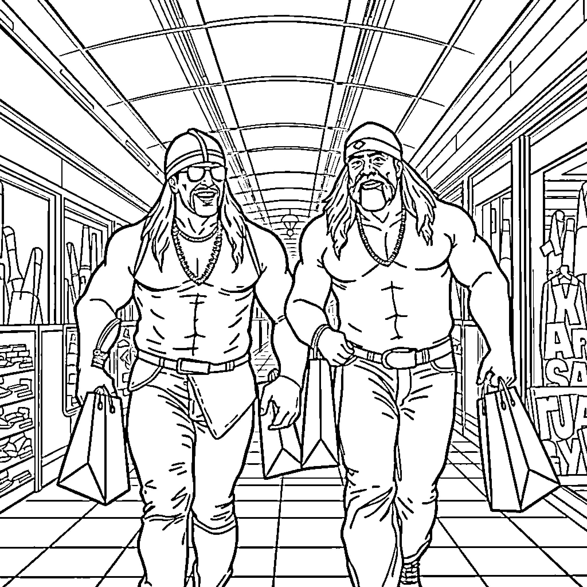 Hulk Hogan and a fellow wrestler walking together Coloring Page (free black-and-white line drawing printable PDF for all, from beginners to advanced learners, including children, teens, adults, and seniors)