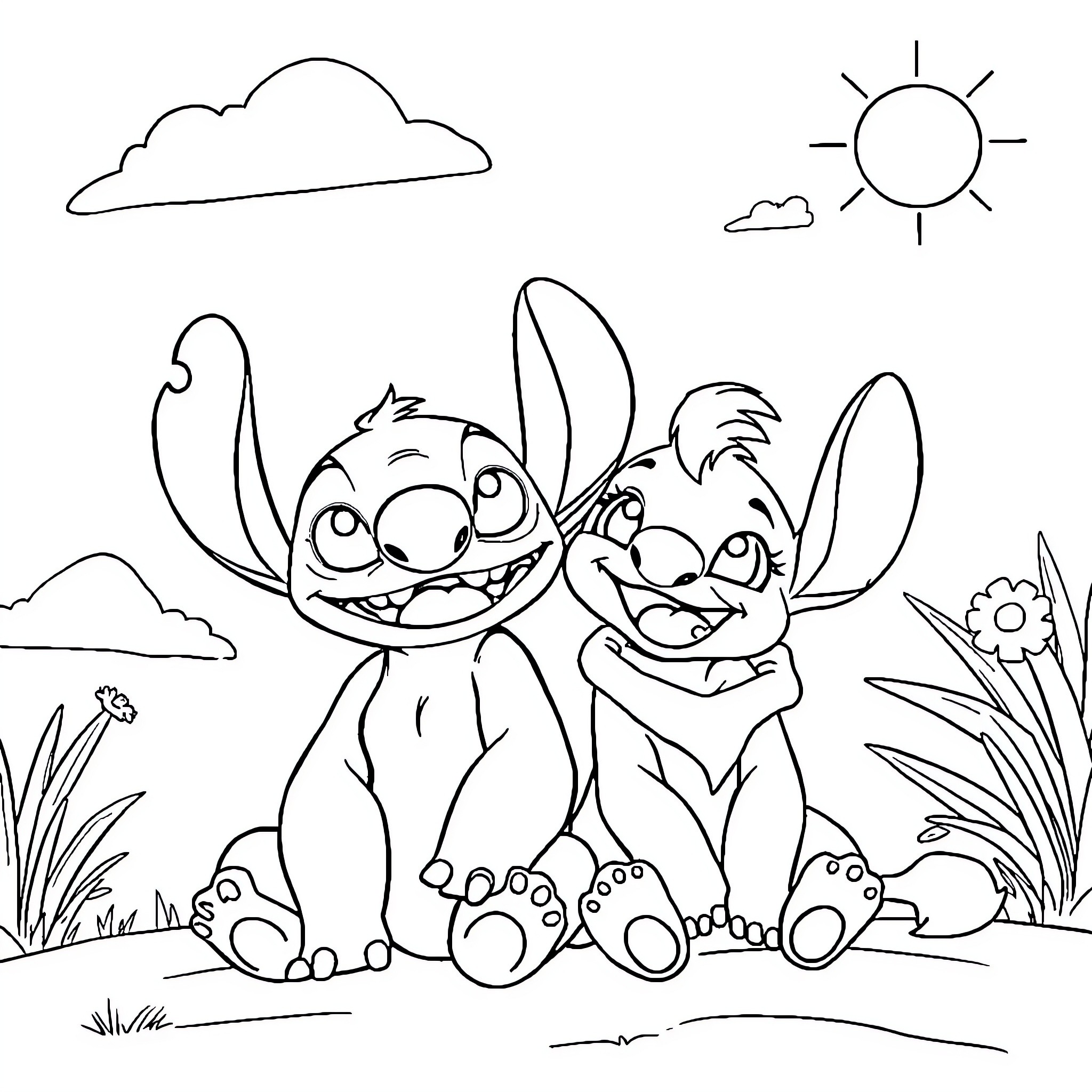 Leo and Stitch playing happily in the sun Coloring Page (free black-and-white line drawing printable PDF for all, from beginners to advanced learners, including children, teens, adults, and seniors)