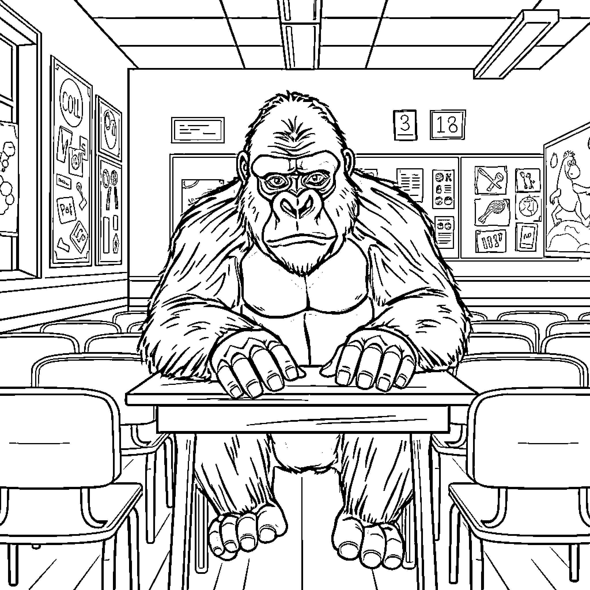 Gorilla studying diligently in the classroom Coloring Page (free black-and-white line drawing printable PDF for all, from beginners to advanced learners, including children, teens, adults, and seniors)