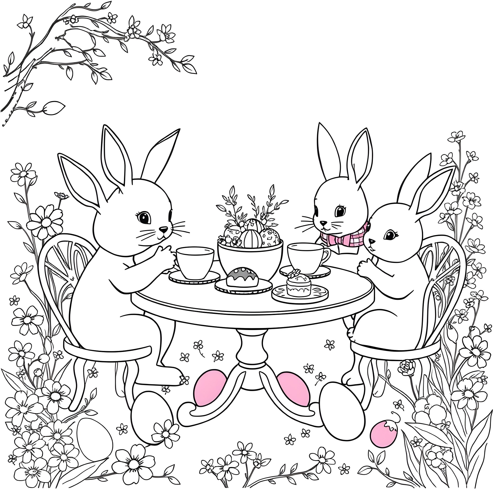 Bunnies enjoying a tea party in a floral garden Coloring Page (free black-and-white line drawing printable PDF for all, from beginners to advanced learners, including children, teens, adults, and seniors)