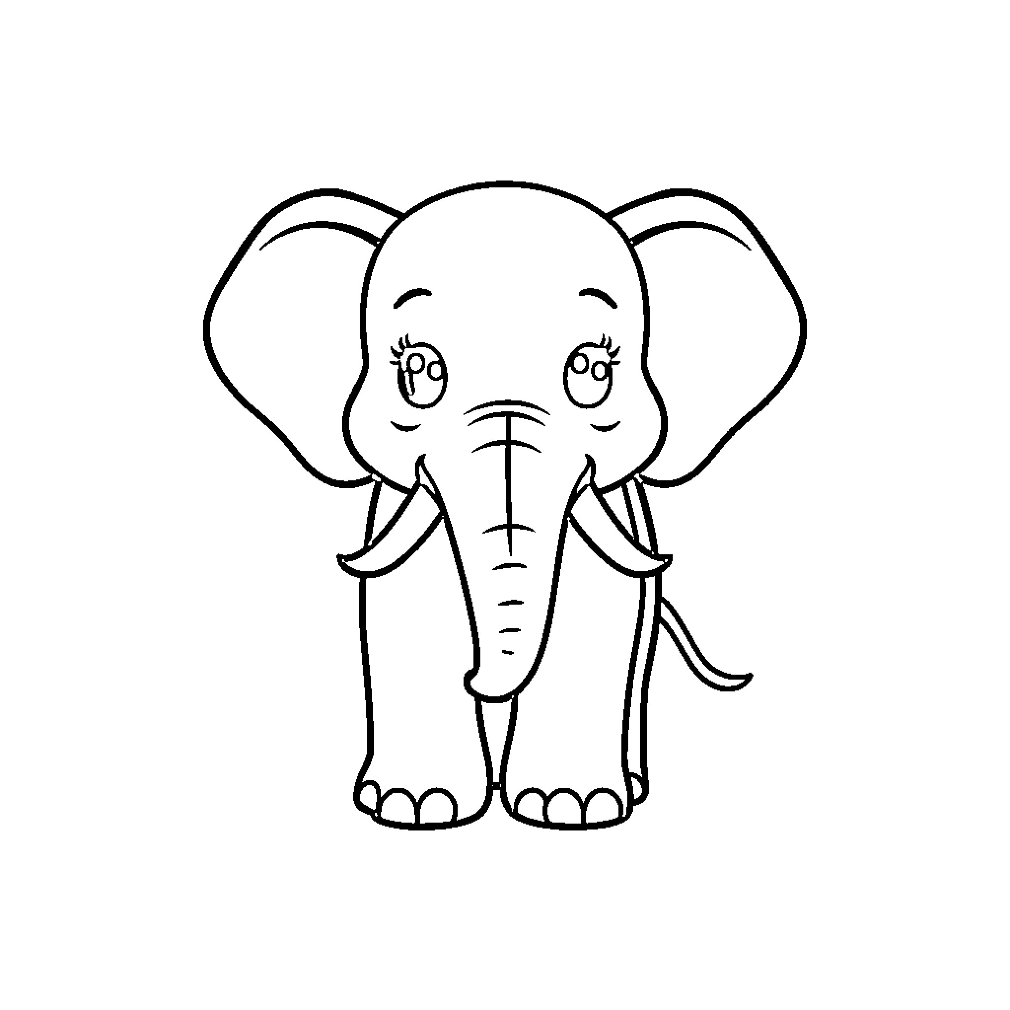 Elephant standing with a cheerful expression Coloring Page (free black-and-white line drawing printable PDF for all, from beginners to advanced learners, including children, teens, adults, and seniors)