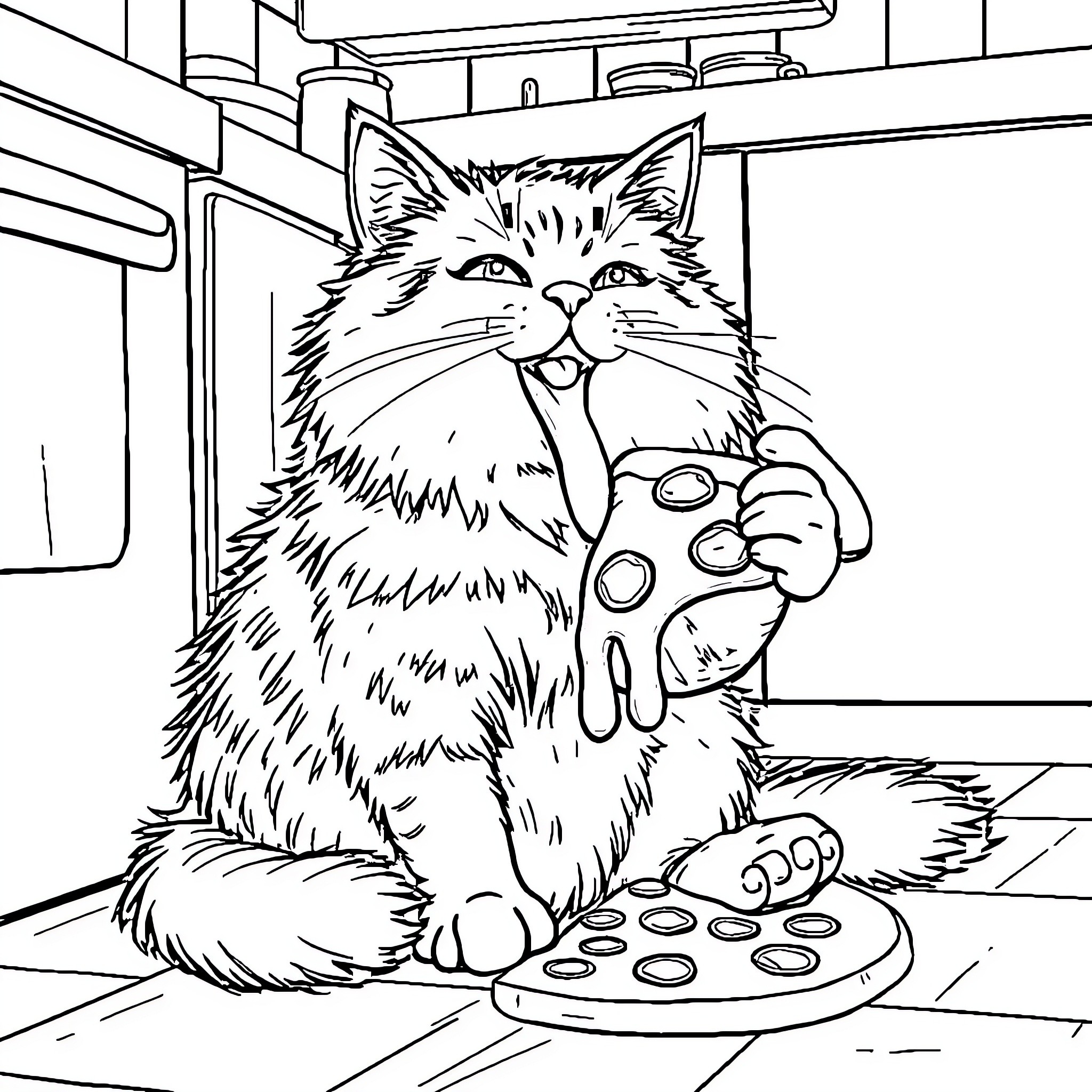 Cat playing video game in kitchen Coloring Page (free black-and-white line drawing printable PDF for all, from beginners to advanced learners, including children, teens, adults, and seniors)