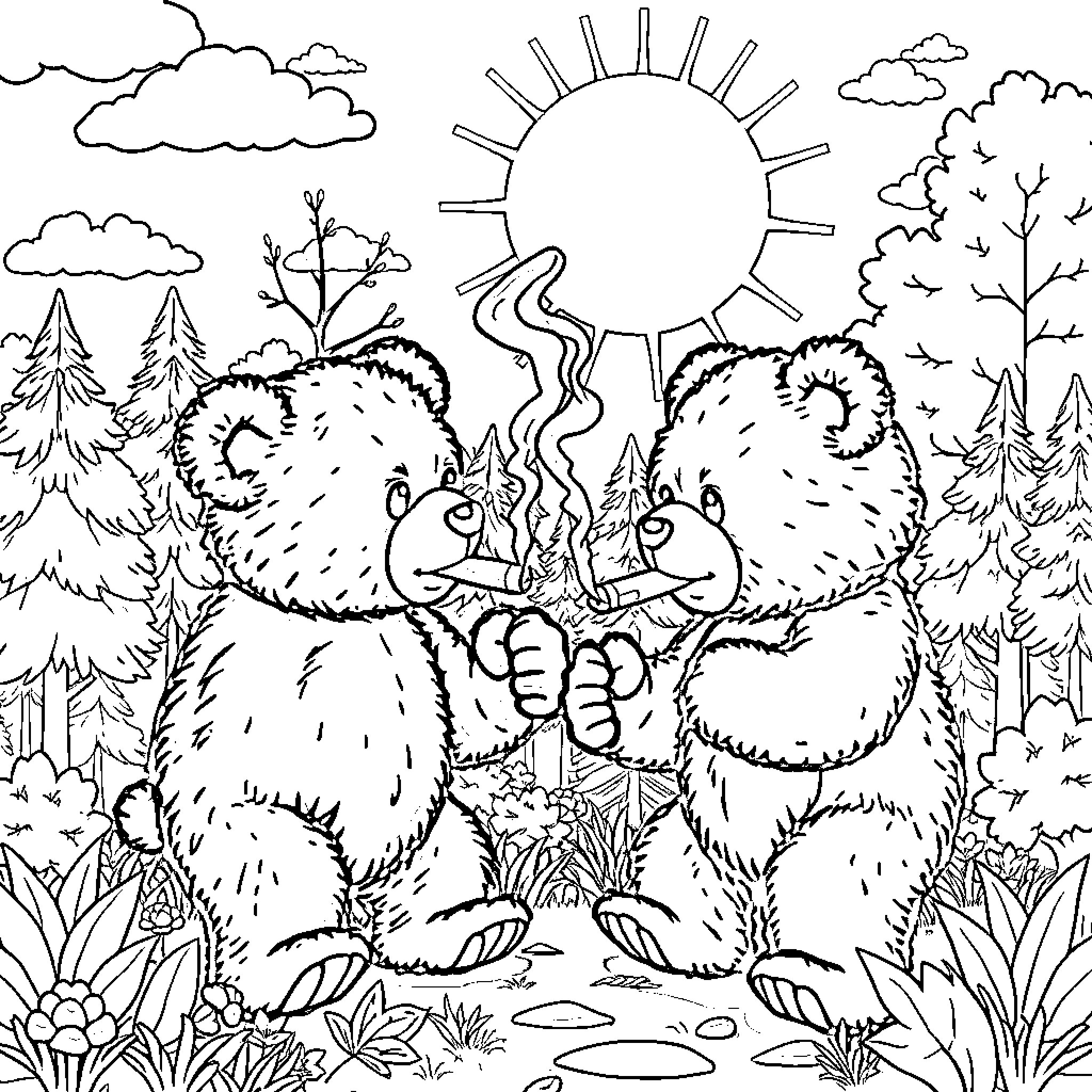 Teddy Bears Embracing in Nature Landscape Coloring Page (free black-and-white line drawing printable PDF for all, from beginners to advanced learners, including children, teens, adults, and seniors)