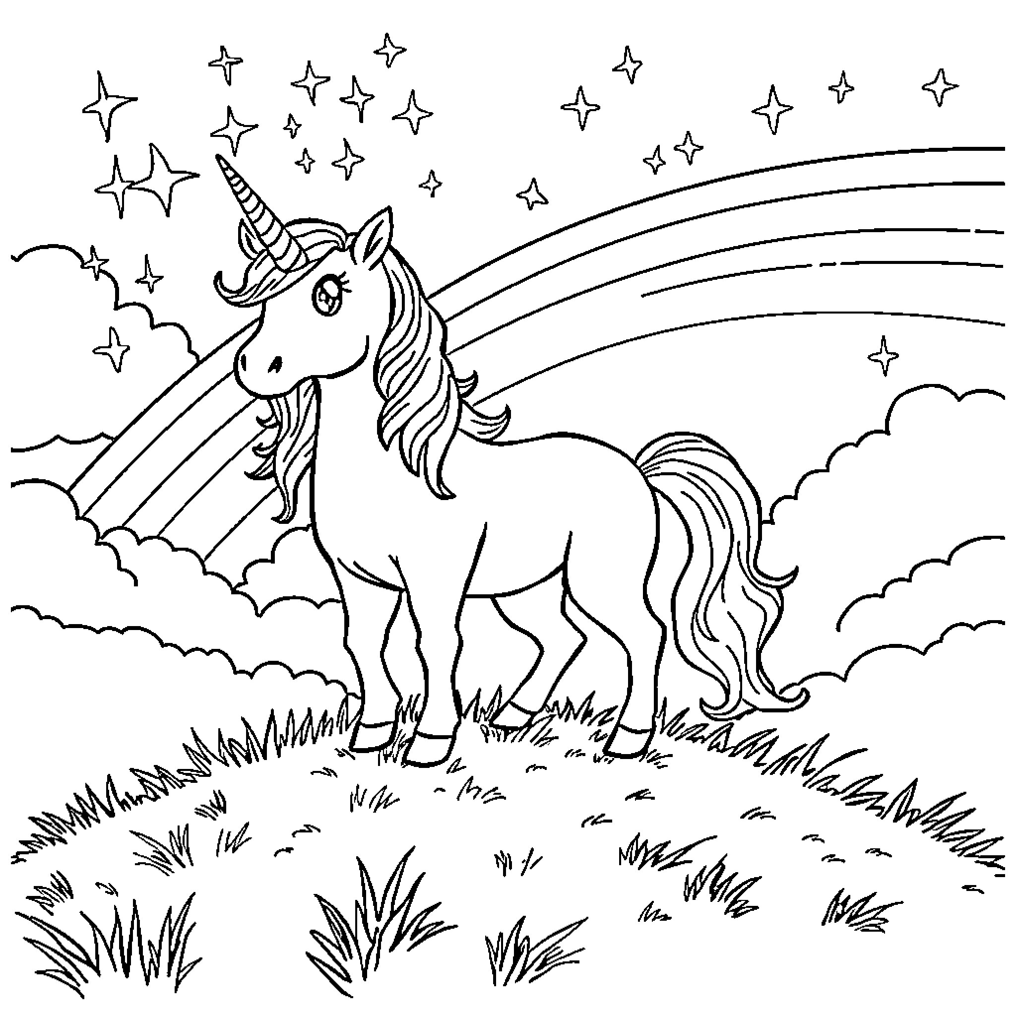 Unicorn standing in a magical field under starry sky Coloring Page (free black-and-white line drawing printable PDF for all, from beginners to advanced learners, including children, teens, adults, and seniors)
