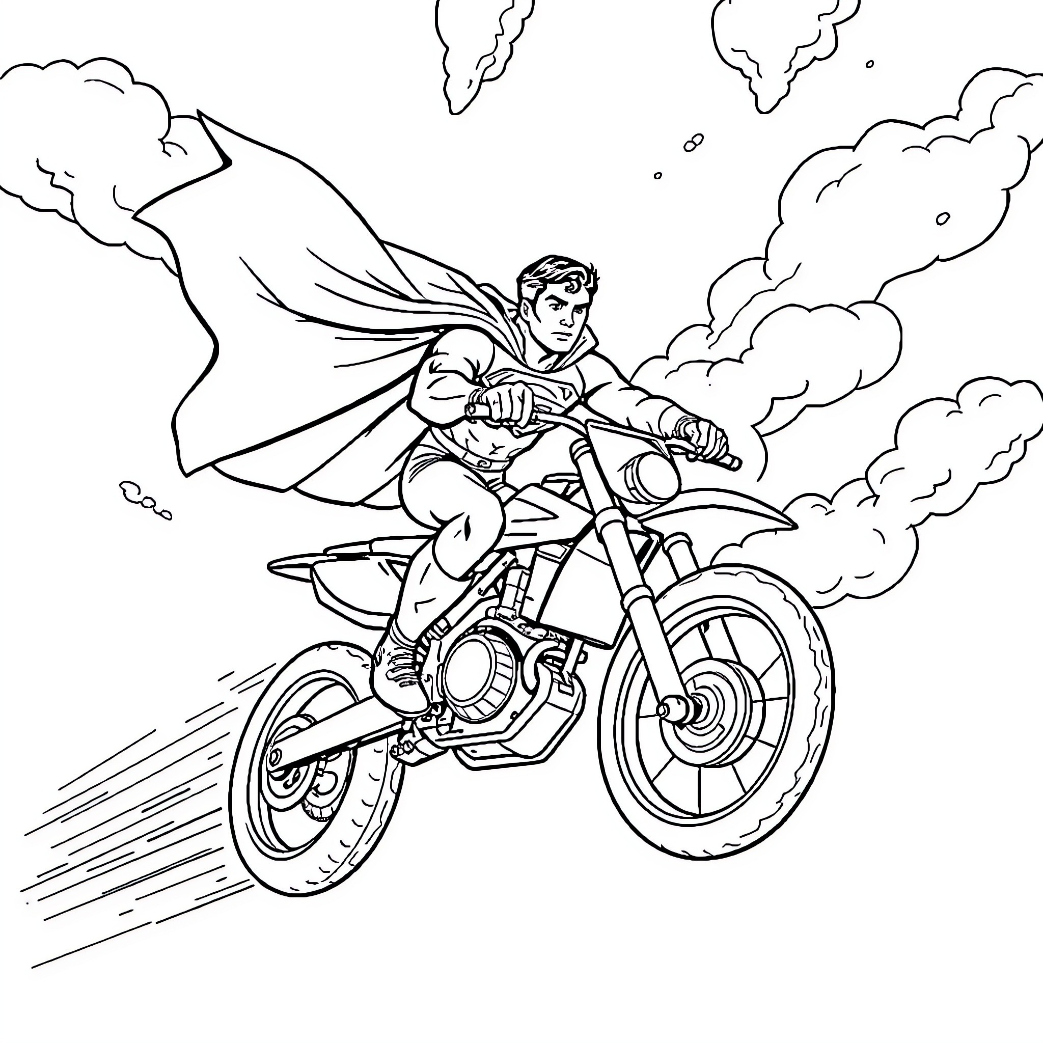 Superman racing on a high-speed motorcycle in the sky Coloring Page (free black-and-white line drawing printable PDF for all, from beginners to advanced learners, including children, teens, adults, and seniors)
