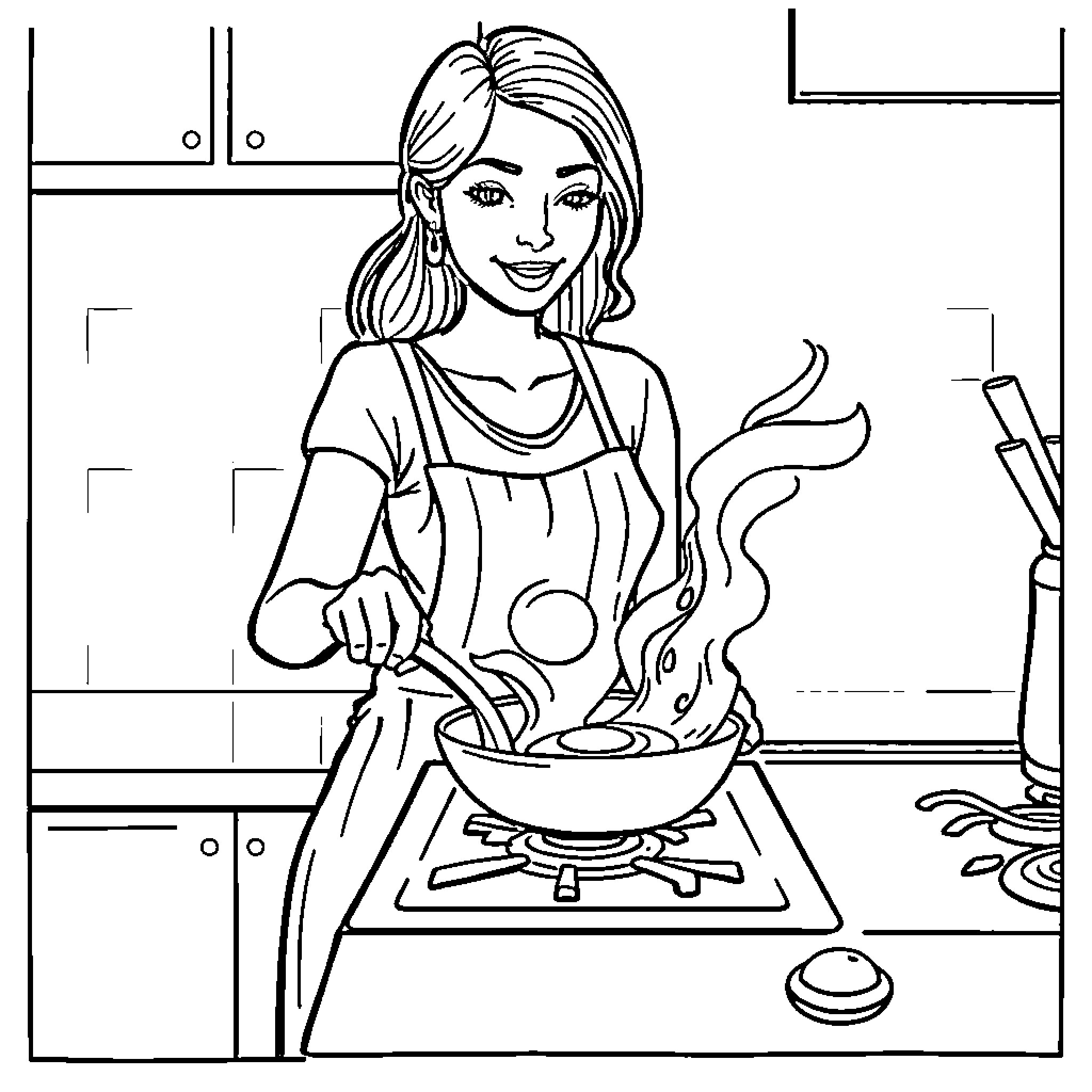 Woman cooking a meal in the kitchen Coloring Page (free black-and-white line drawing printable PDF for all, from beginners to advanced learners, including children, teens, adults, and seniors)