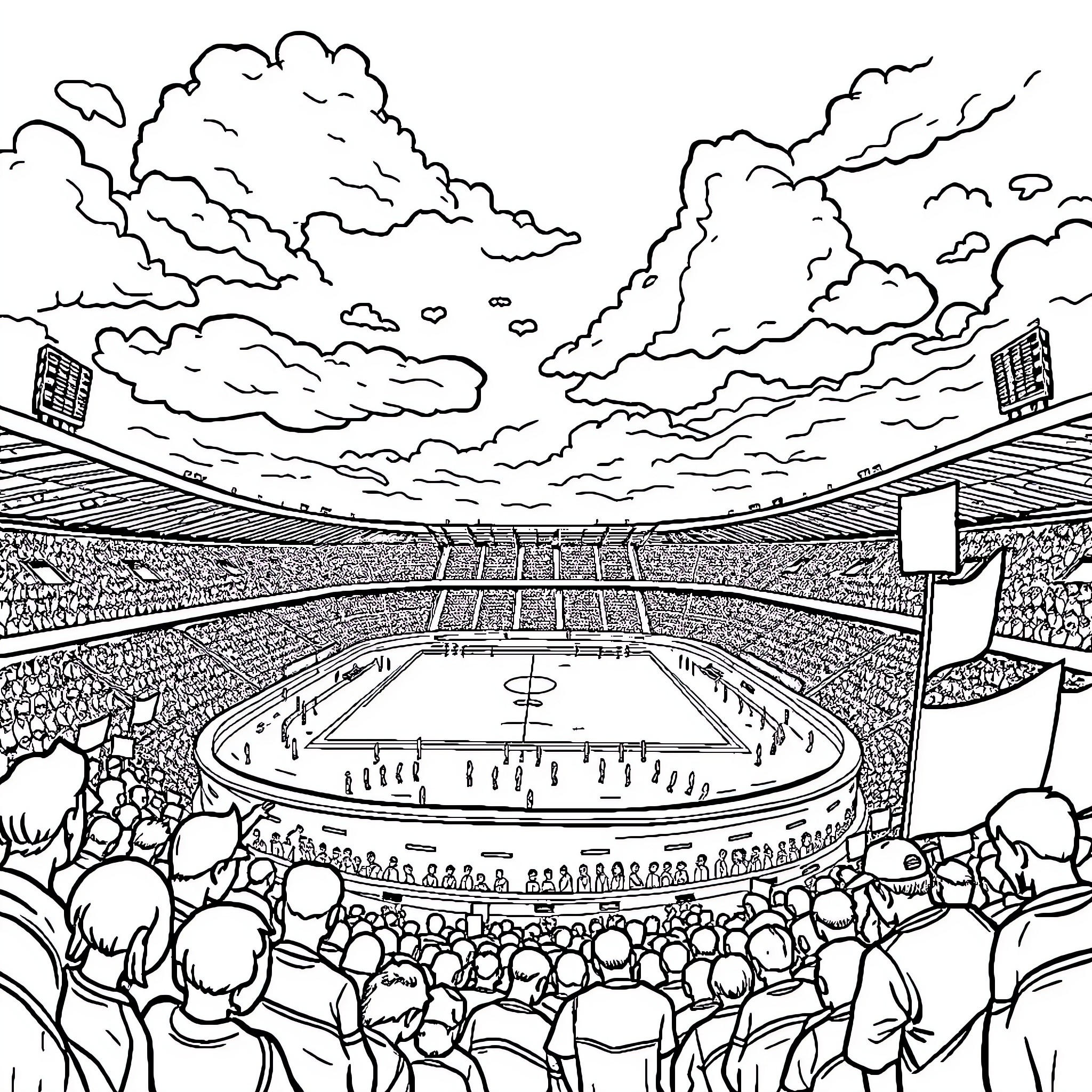 River of Fans Cheering at Sporting Event Coloring Page (free black-and-white line drawing printable PDF for all, from beginners to advanced learners, including children, teens, adults, and seniors)