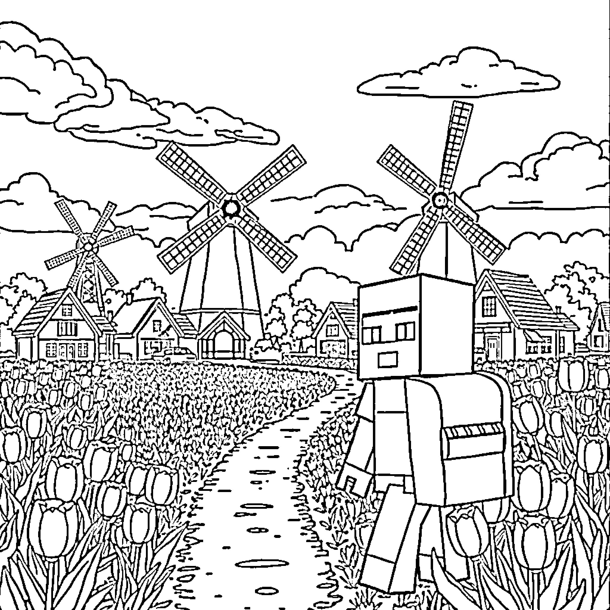 Minecraft Steve exploring a windmill farm landscape Coloring Page (free black-and-white line drawing printable PDF for all, from beginners to advanced learners, including children, teens, adults, and seniors)