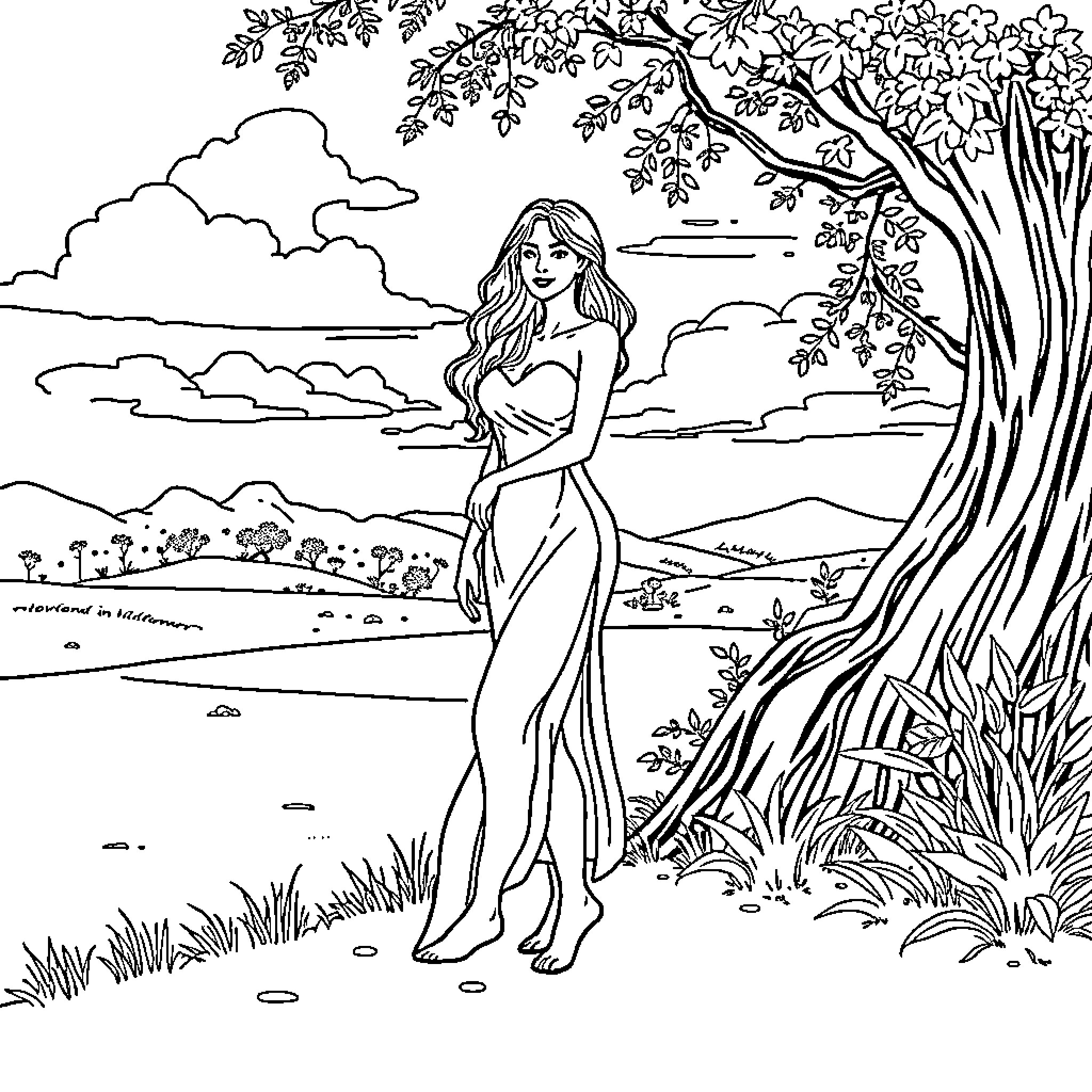 Woman in a serene outdoor landscape Coloring Page (free black-and-white line drawing printable PDF for all, from beginners to advanced learners, including children, teens, adults, and seniors)