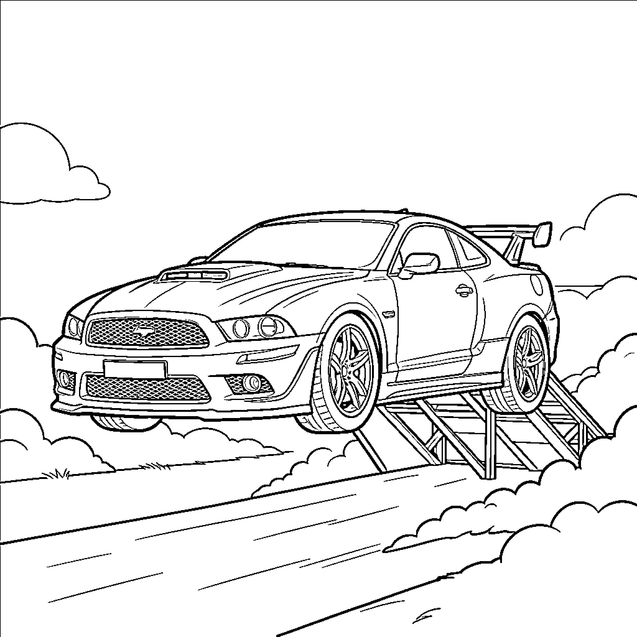 Car driving fast over a ramp Coloring Page (free black-and-white line drawing printable PDF for all, from beginners to advanced learners, including children, teens, adults, and seniors)