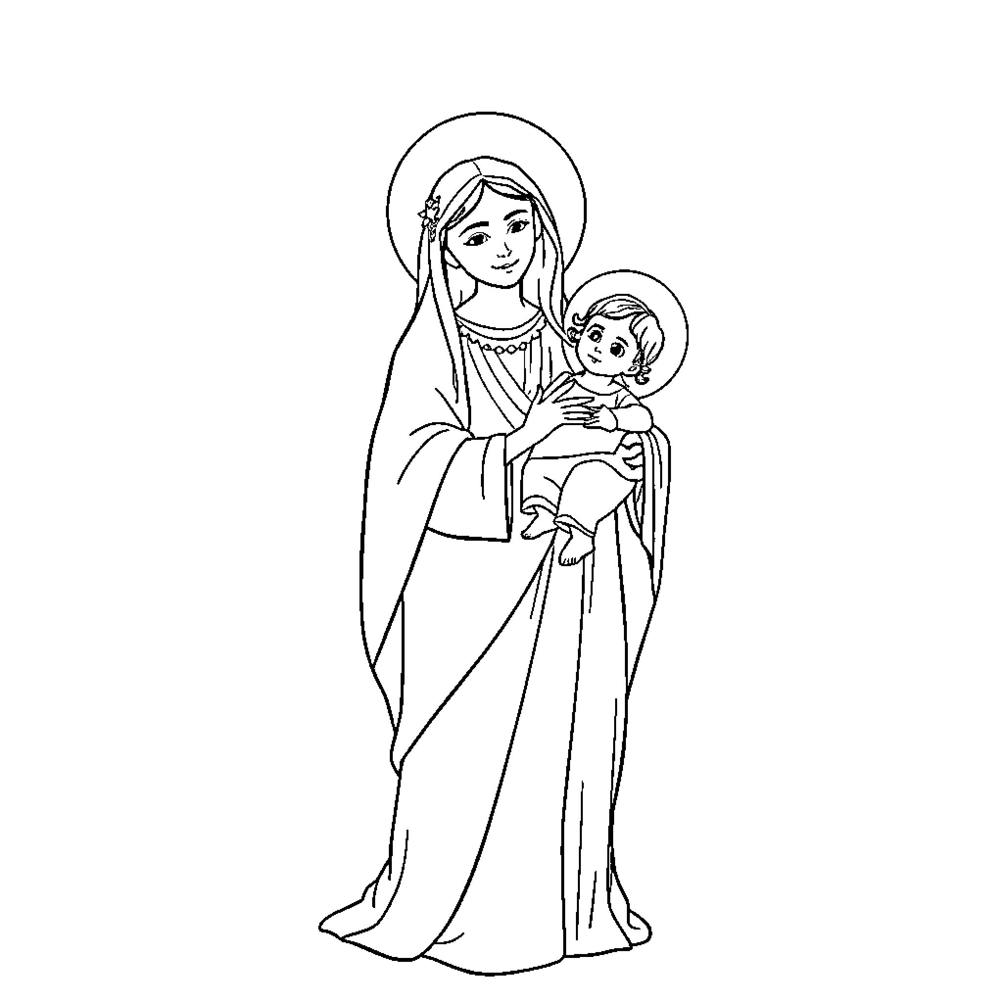 Mother Mary holding baby Jesus in her arms Coloring Page (free black-and-white line drawing printable PDF for all, from beginners to advanced learners, including children, teens, adults, and seniors)