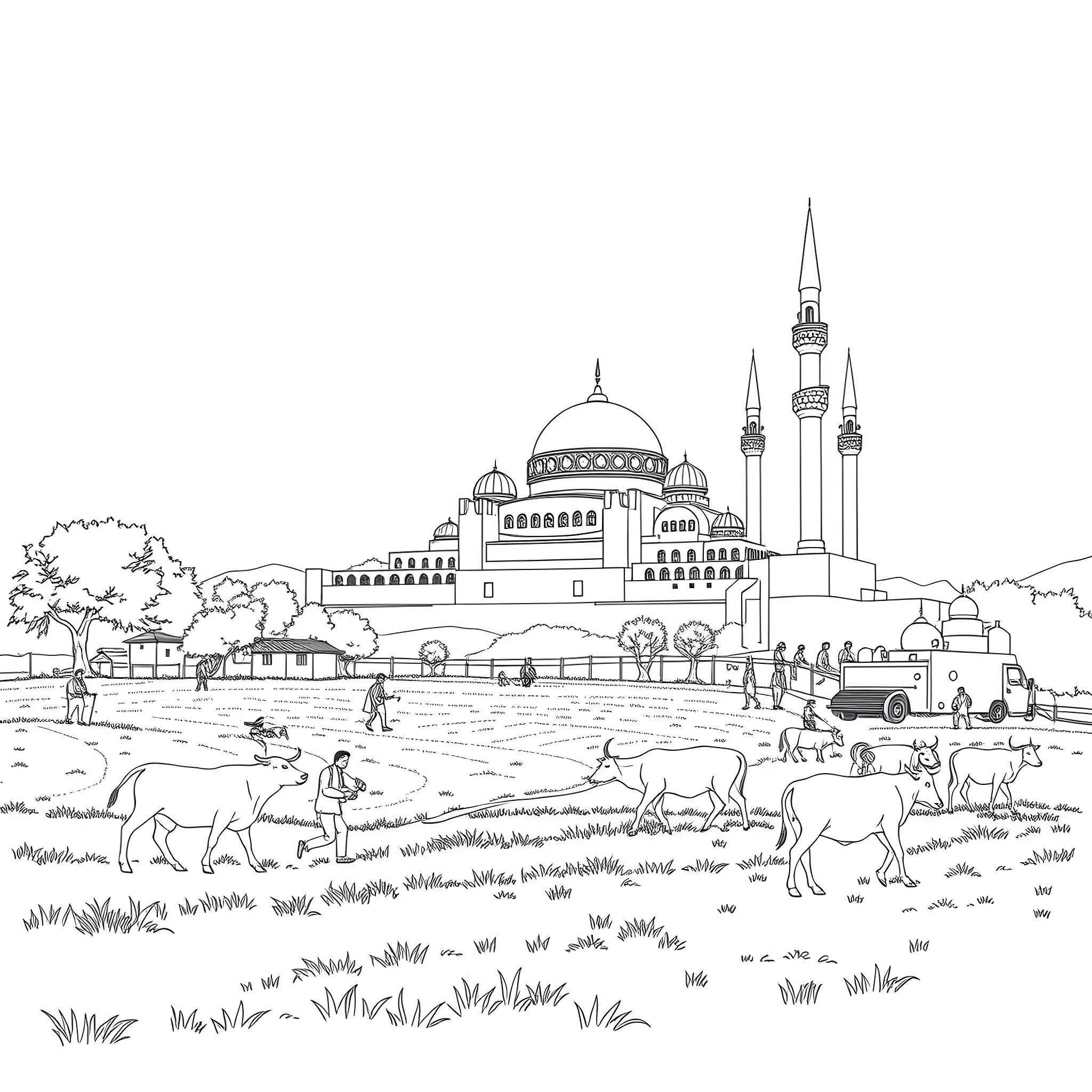 Farm scene with mosque and animals Coloring Page (free black-and-white line drawing printable PDF for all, from beginners to advanced learners, including children, teens, adults, and seniors)