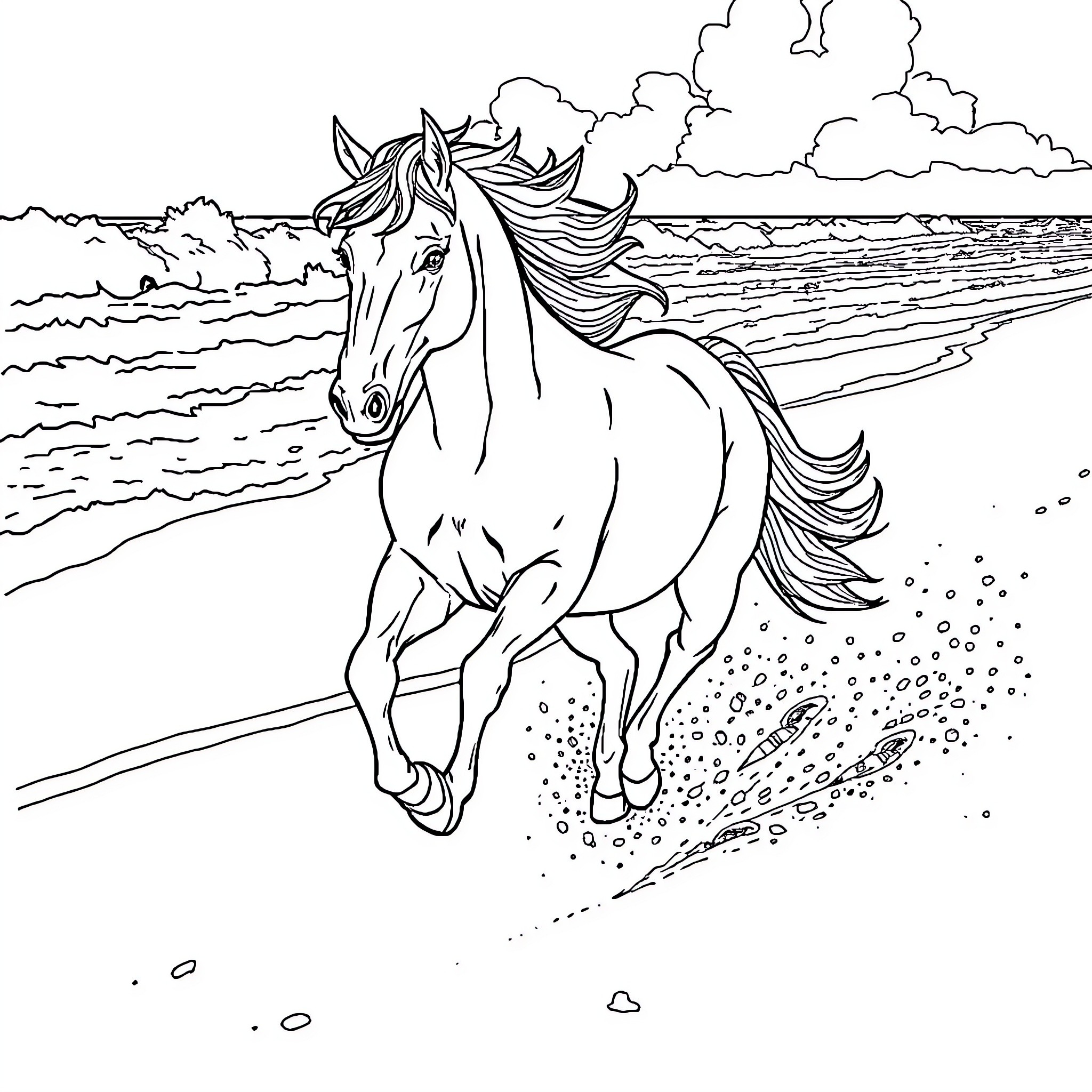 Horse galloping along the beach Coloring Page (free black-and-white line drawing printable PDF for all, from beginners to advanced learners, including children, teens, adults, and seniors)