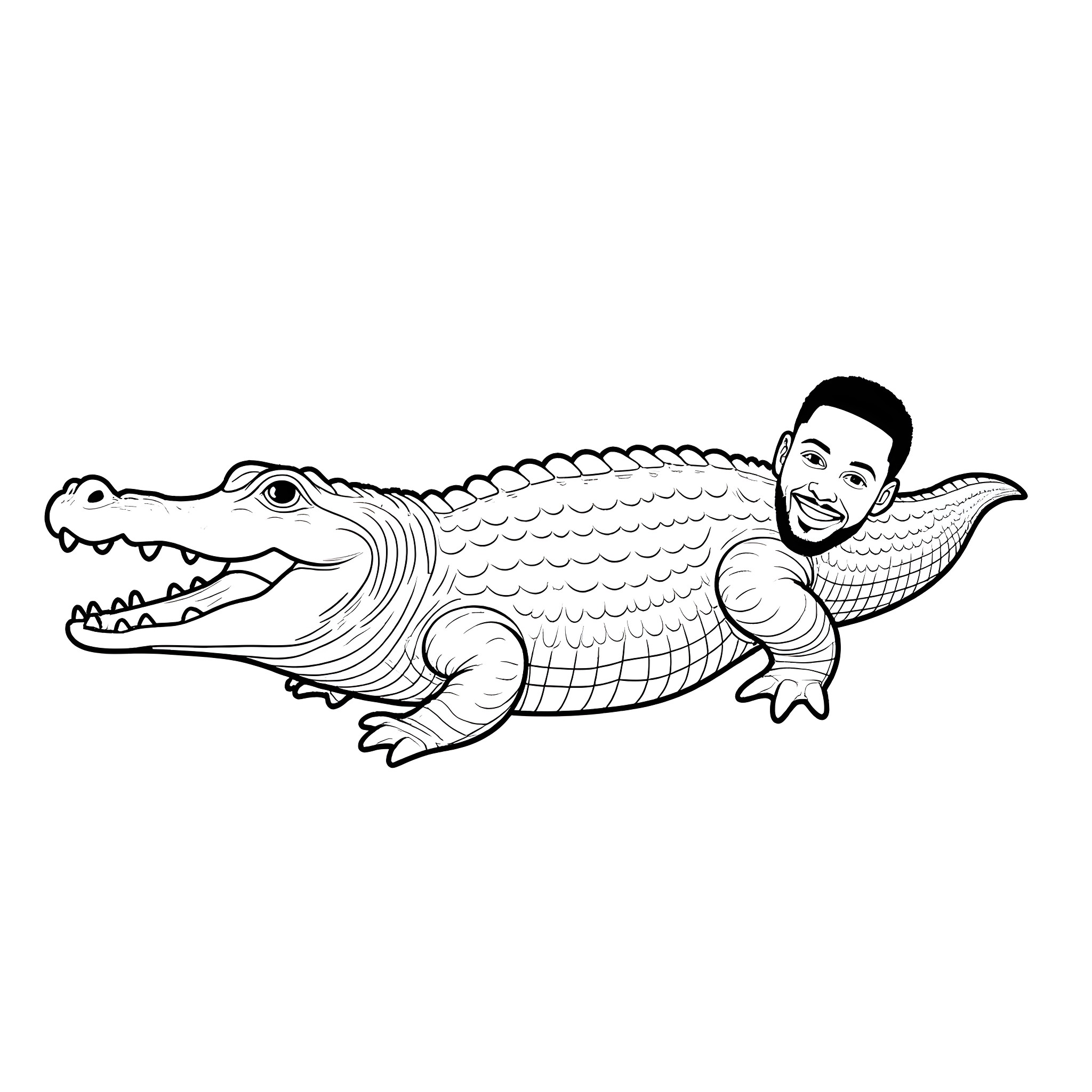 Alligator riding an enthusiastic human Coloring Page (free black-and-white line drawing printable PDF for all, from beginners to advanced learners, including children, teens, adults, and seniors)