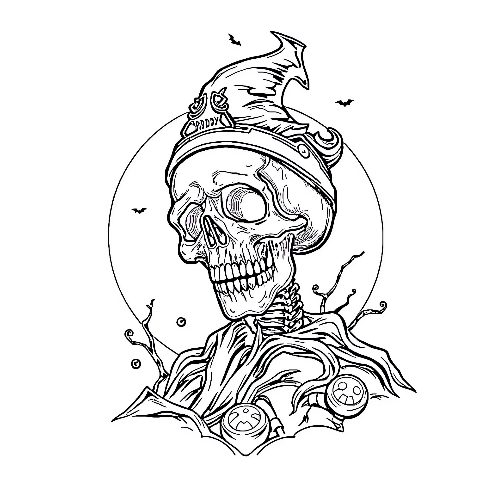 Skull of a mysterious creature in the night Coloring Page (free black-and-white line drawing printable PDF for all, from beginners to advanced learners, including children, teens, adults, and seniors)