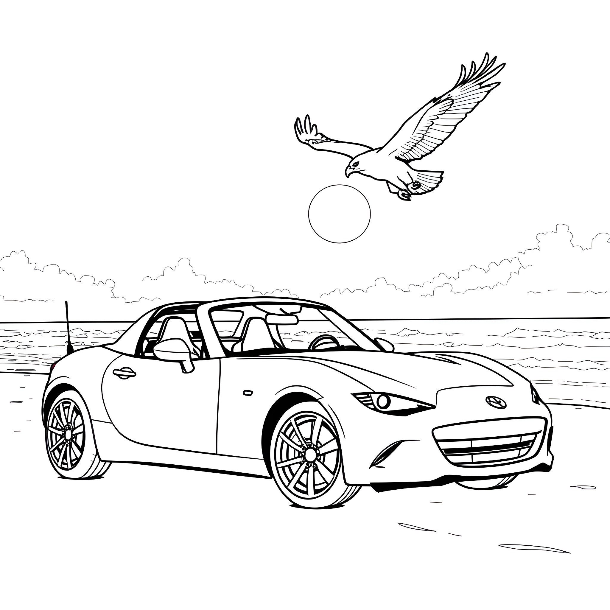 Miata driving along the beach with a soaring eagle Coloring Page (free black-and-white line drawing printable PDF for all, from beginners to advanced learners, including children, teens, adults, and seniors)