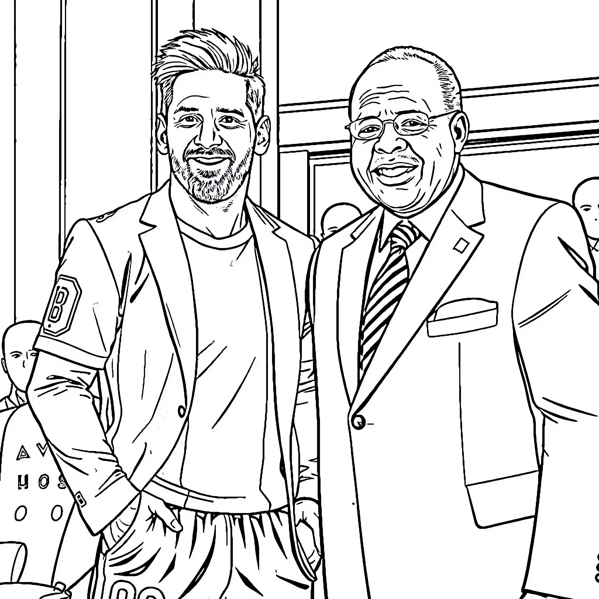 Lionel Messi and distinguished gentleman in formal attire Coloring Page (free black-and-white line drawing printable PDF for all, from beginners to advanced learners, including children, teens, adults, and seniors)