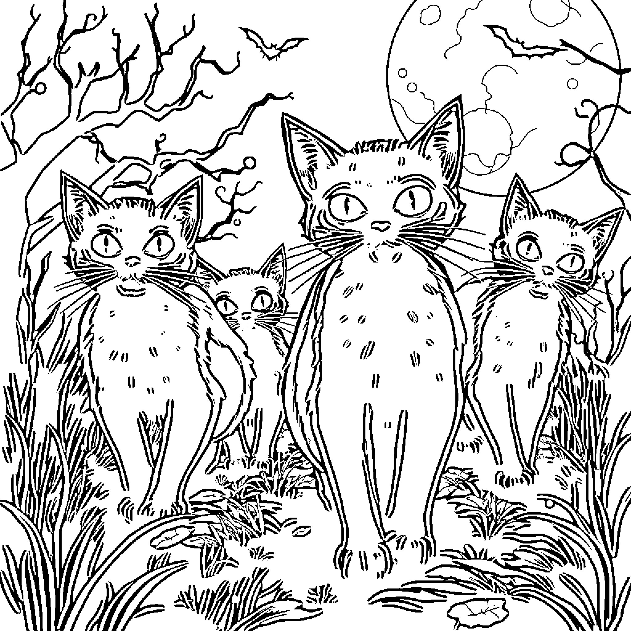 Cat trio in the spooky forest Coloring Page (free black-and-white line drawing printable PDF for all, from beginners to advanced learners, including children, teens, adults, and seniors)