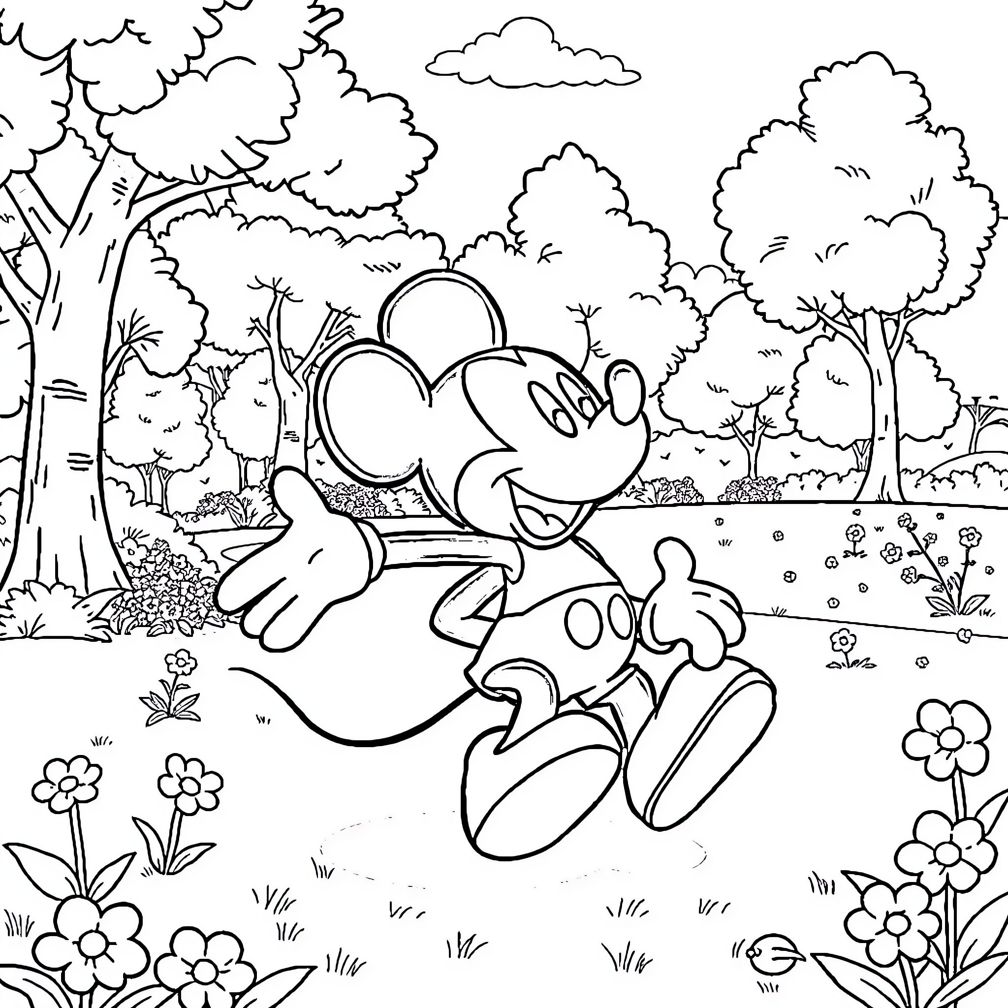 Mickey enjoying a day in the whimsical forest Coloring Page (free black-and-white line drawing printable PDF for all, from beginners to advanced learners, including children, teens, adults, and seniors)
